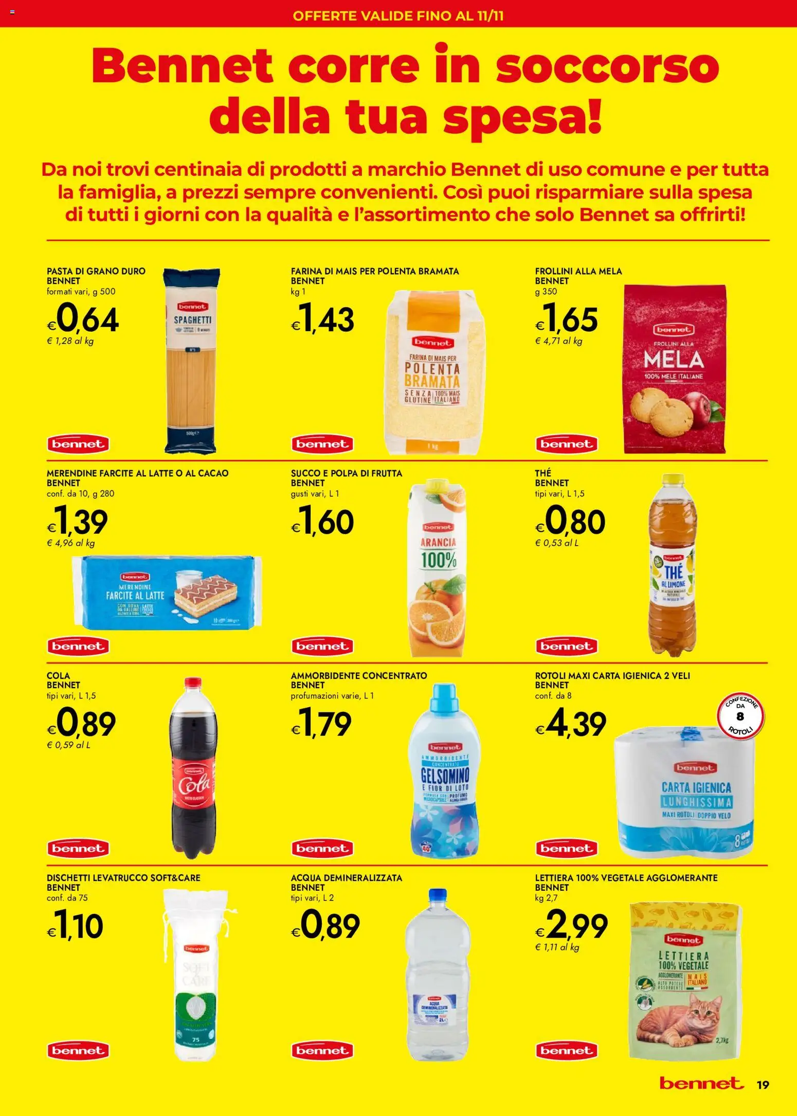 Anteprima dell'opuscolo bennet volantino Cioccolato che bontà dal negozio bennet valido da 29/10/2026 - Latte, Spaghetti, Carta igienica, Farina, Mele, Loto, Cacao, Succo