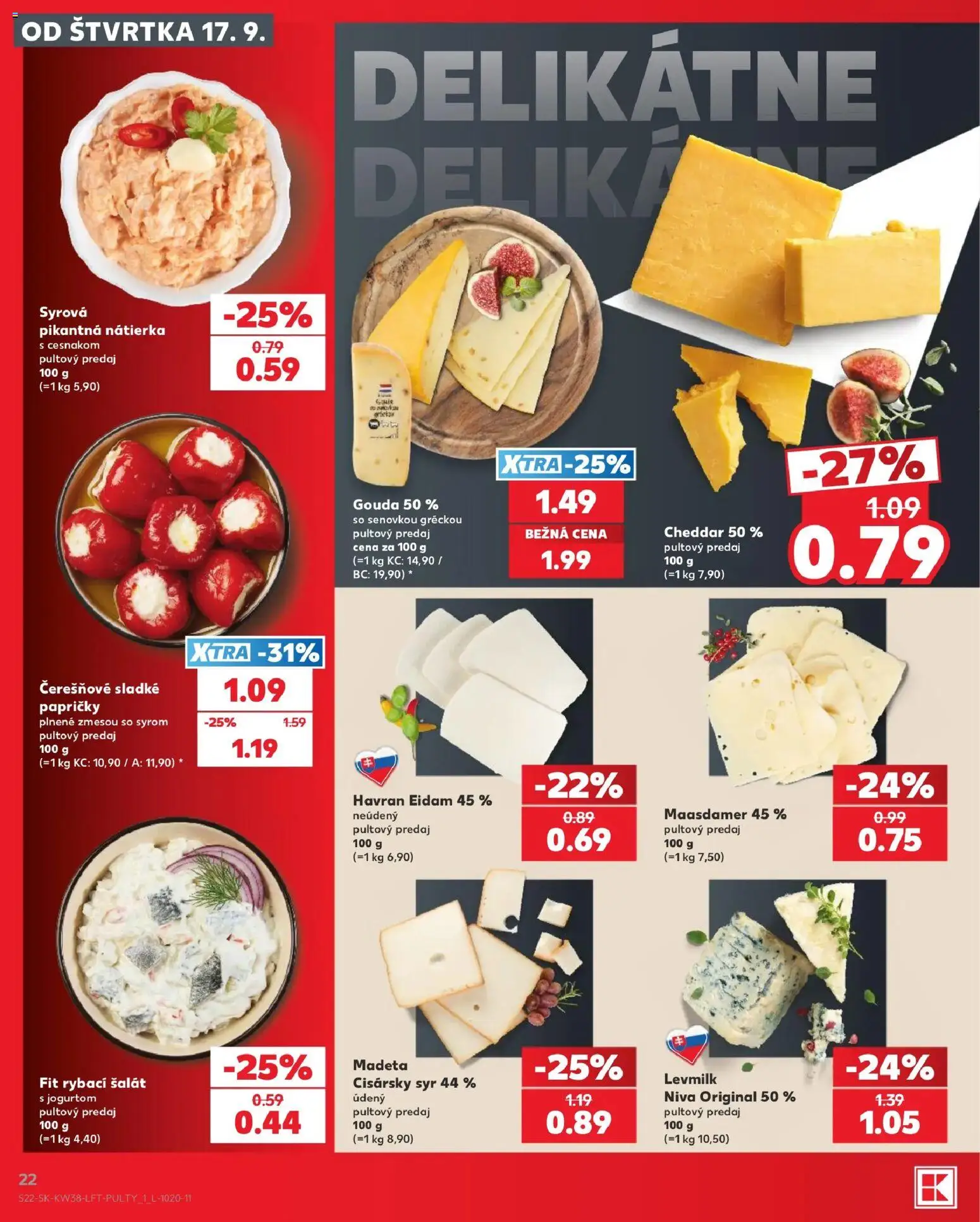 Náhľad Kaufland letáku platného od 17.09.2026 - Syr, Šalát, Niva, Cheddar, Nátierka, Gouda, Eidam, Eidam 45%