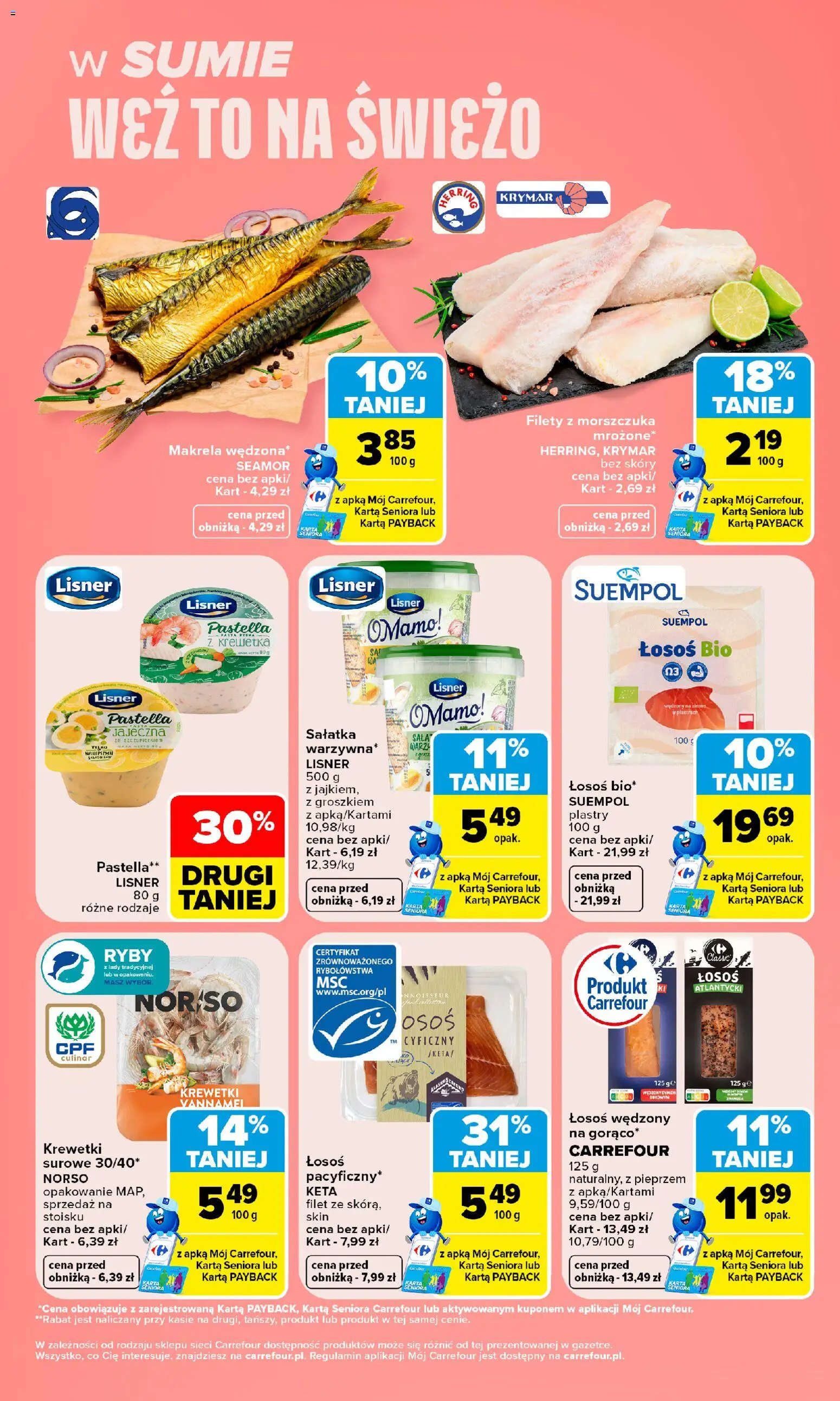 Pogląd gazetki "Carrefour gazetka - Weź to na świeżo" ze sklepu Carrefour ważnej od 26.10.2026 - Sałatka, Ryby, Krewetki, Łosoś, Karta, Makrela, Filet, Filety z morszczuka