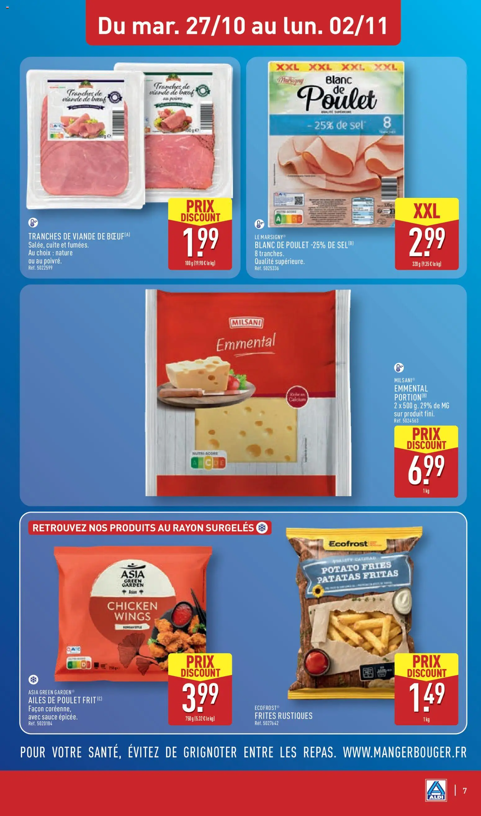 Prévisualisation de Aldi catalogue du magasin Aldi formulaire valide 27/10/2026 - Poulet, Frites, Viande, Poulet frit, Sel, Blanc de poulet, Emmental, Frites rustiques