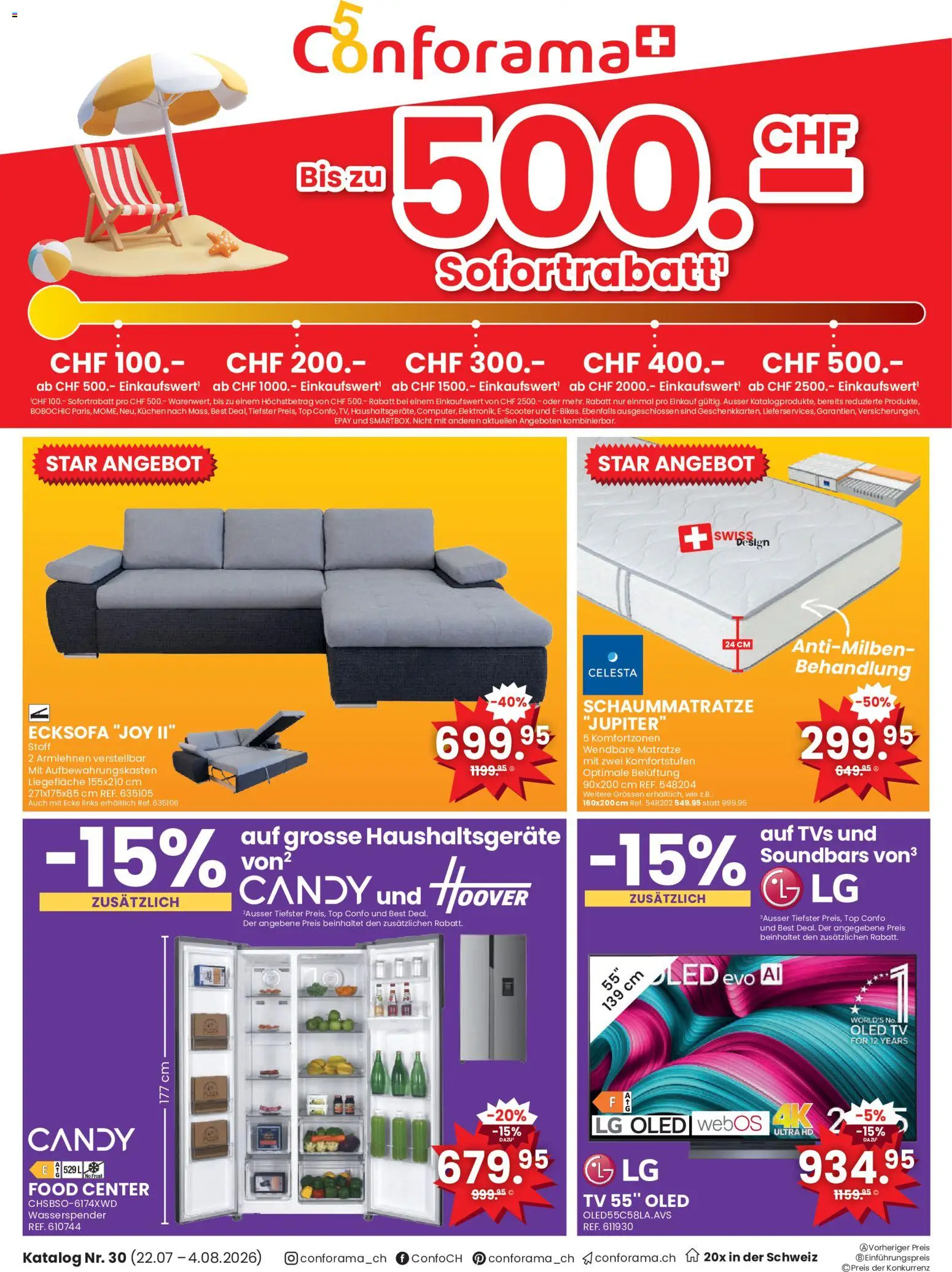 Vorschau des Merkblatts Conforama aktionen vom Shop Conforama gültig von 22.07.2026 bis 04.08.2026 - TV, Matratze, Ecksofa, Top, LG