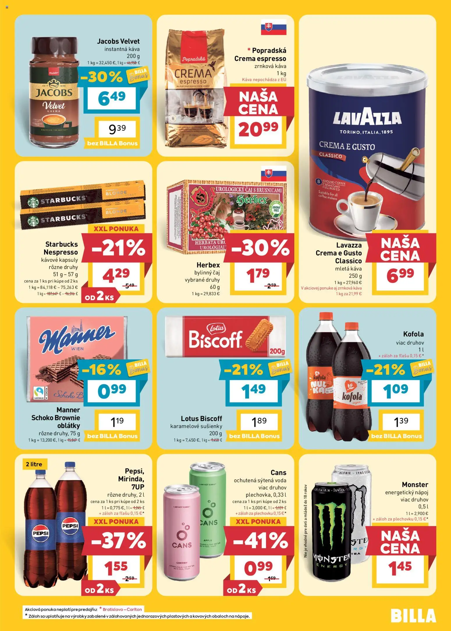 Náhľad Billa letáku platného od 14.10.2026 - Lotus, Čaj, Zrnková káva, Jacobs Velvet, Instantná káva, Energetický nápoj, Sušienky, Oblátky