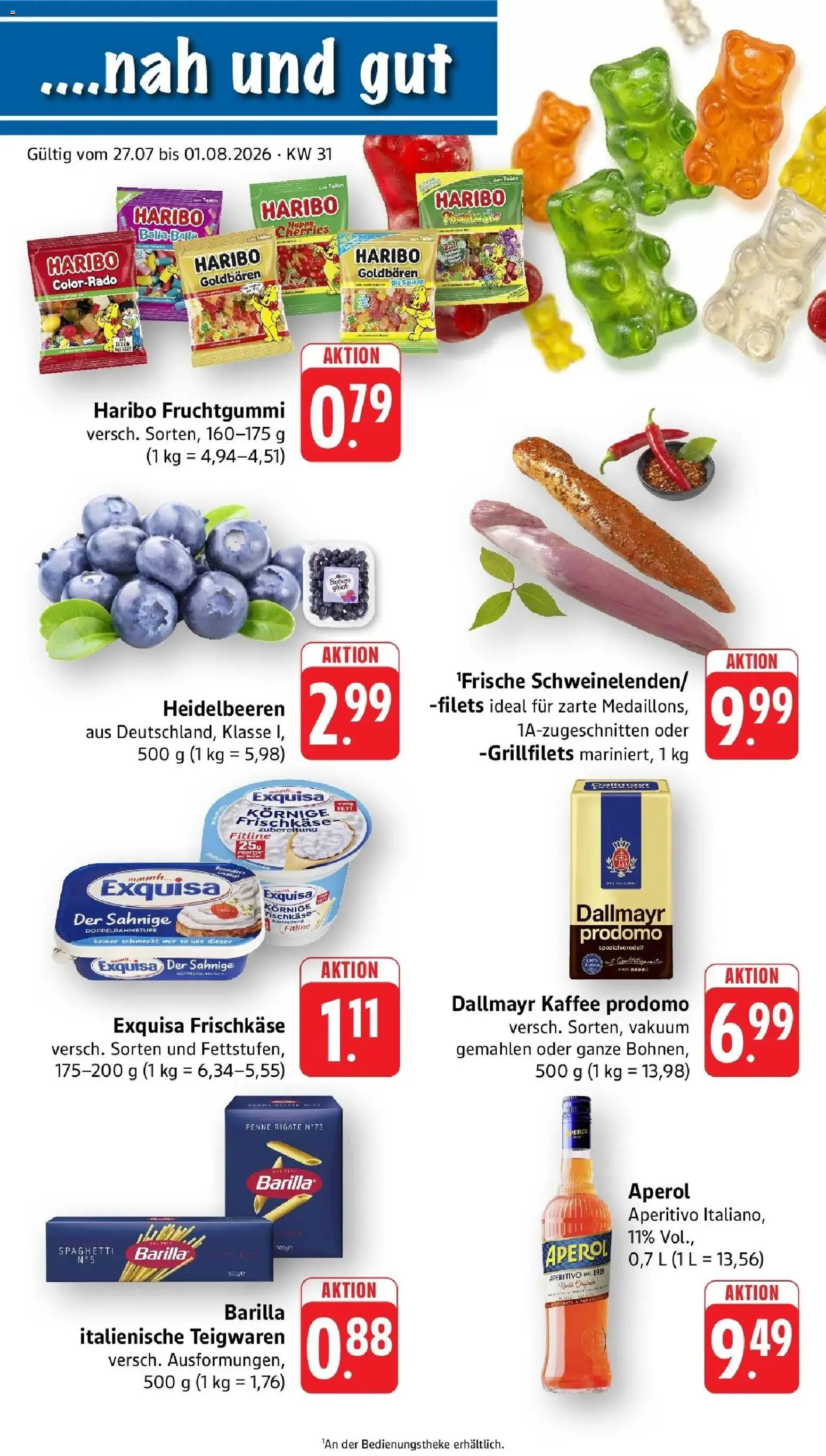 Vorschau von dem Prospekt des Geschäftes nah & gut, gültig ab dem 27.07.2026 - Kaffee, Aperol, Spaghetti, Dallmayr, Barilla, Exquisa, Frischkase, Exquisa frischkase