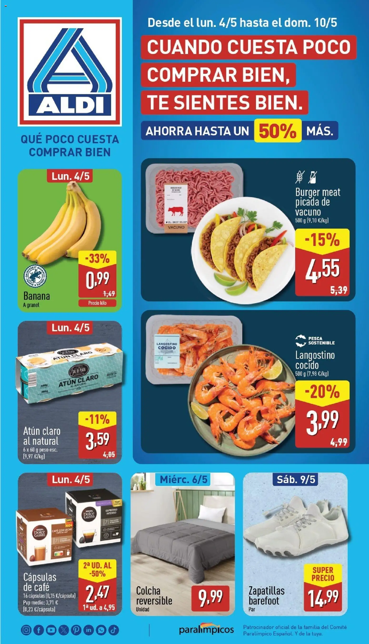 Vista previa del folleto de la tienda Aldi válido desde el 04/05/2026 - Café, Zapatillas, Sal, Café con leche, Colcha, Langostino, Cápsulas, Atún claro
