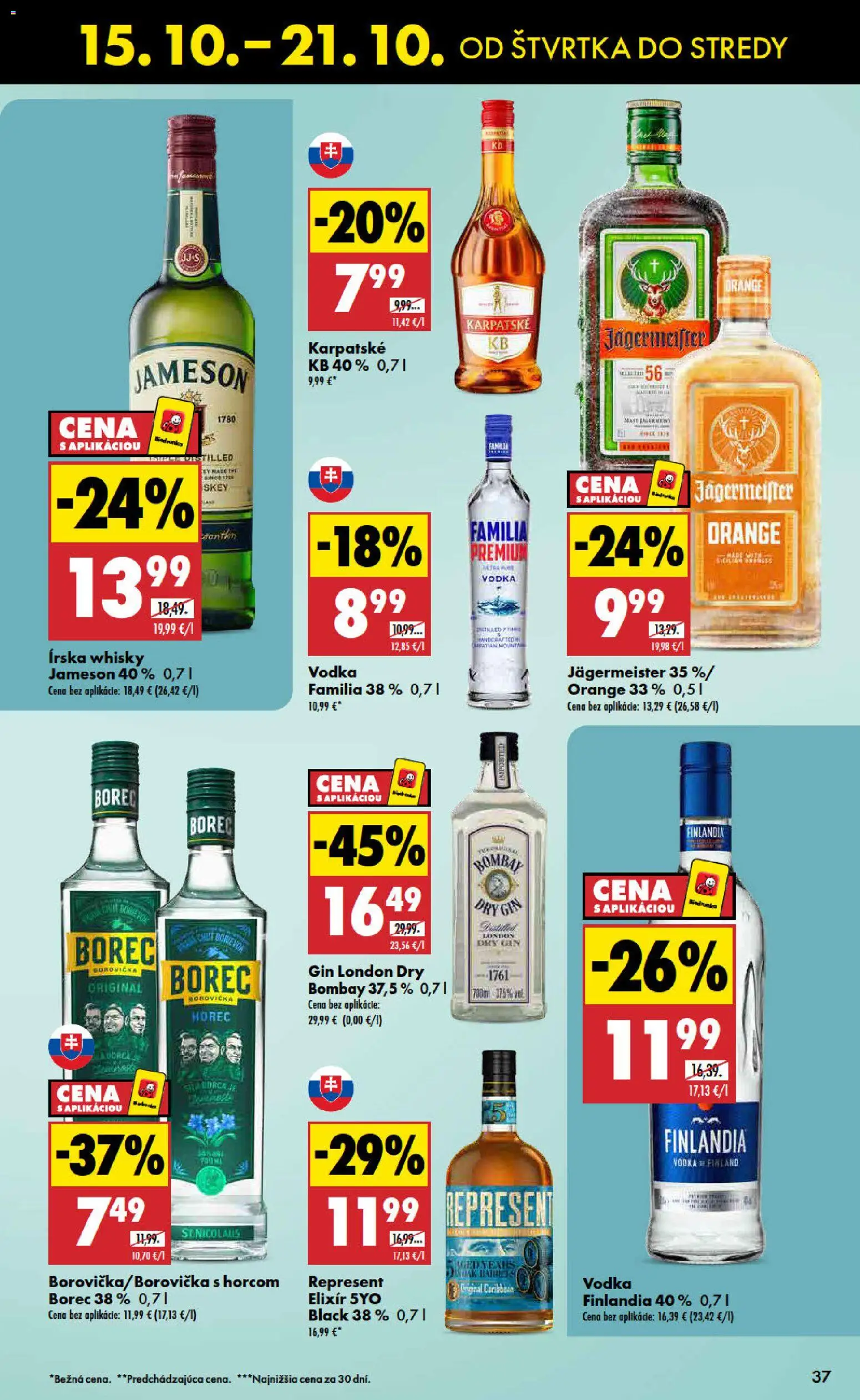 Náhľad Biedronka letáku platného od 15.10.2026 - Vodka, Borovička, Jägermeister, Whisky, Jameson, Finlandia, Bombay Gin, Írska whisky
