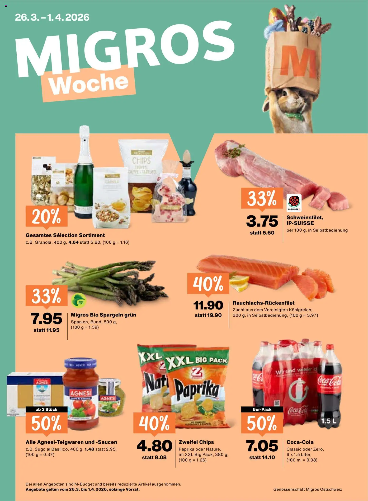 Vorschau des Merkblatts Migros aktionen vom Shop Migros gültig von 26.03.2026 bis 01.04.2026 - Pasta, Coca Cola, Paprika, Chips