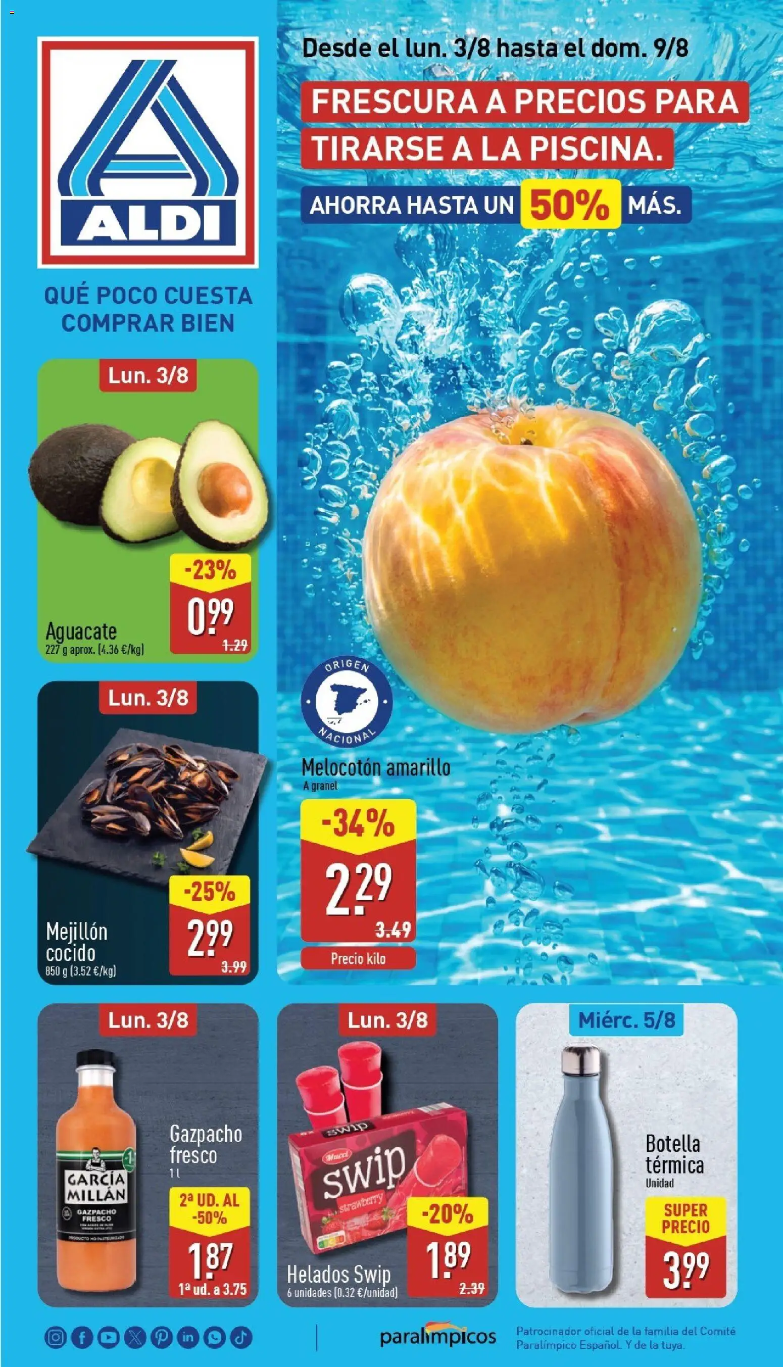 Vista previa del folleto de la tienda Aldi válido desde el 03/08/2026 - Gazpacho, Aguacate, Melocotón amarillo