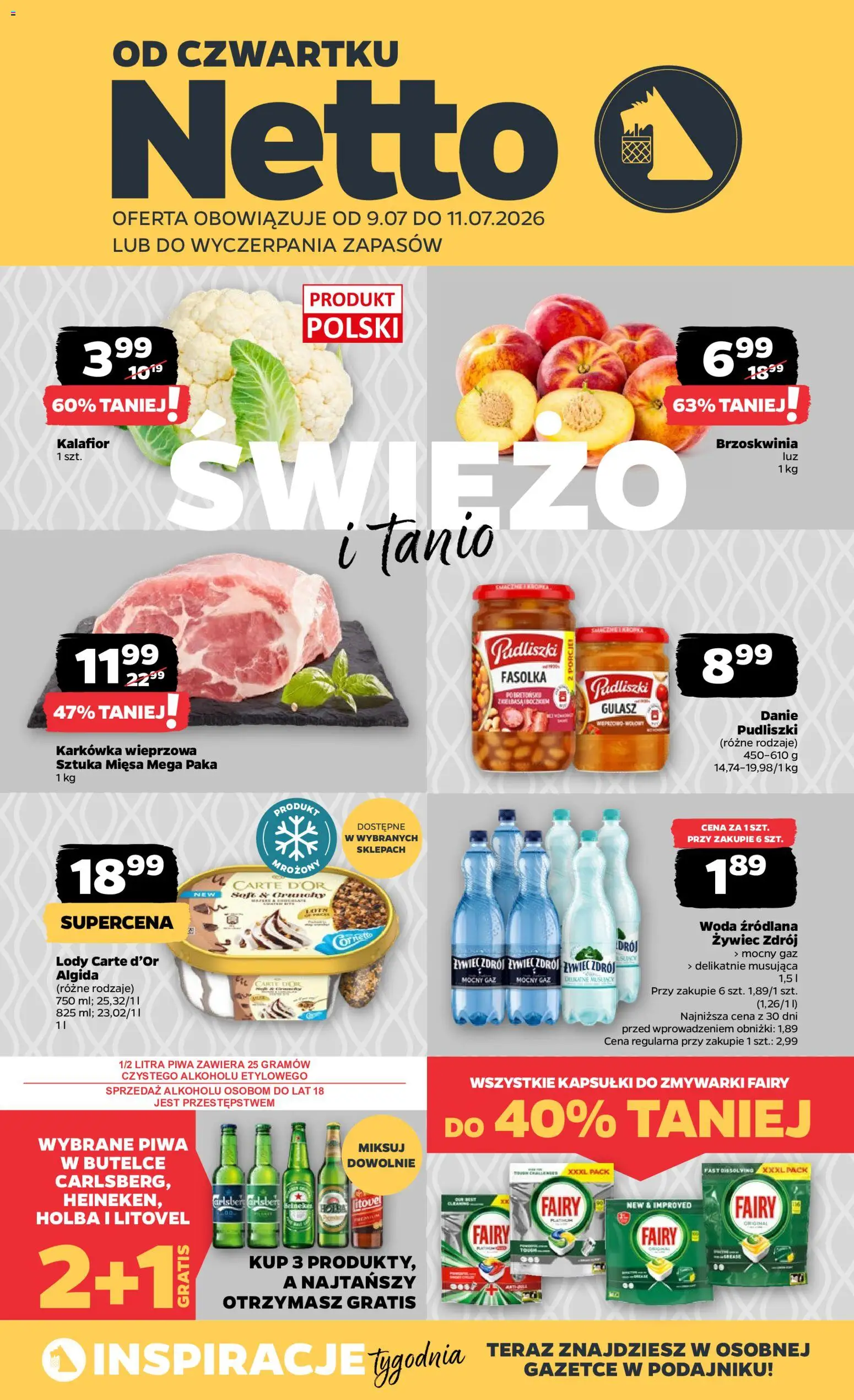 Pogląd gazetki "Netto gazetka od czwartku spożywcza" ze sklepu Netto ważnej od 09.07.2026 - Lody, Woda, Gulasz, Kapsułki do zmywarki, Kiełbasa, Karkówka, Kapsułki, Karkówka wieprzowa
