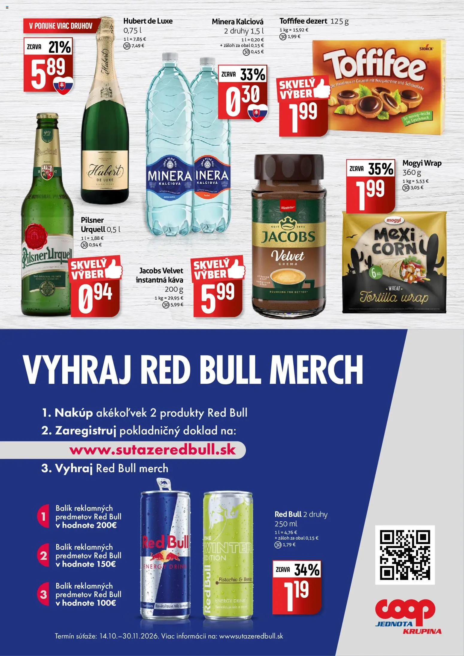 Náhľad COOP Jednota letáku platného od 29.10.2026 - Káva, Red Bull, Tortilla, Dezert, Hubert de Luxe, Toffifee, Jacobs Velvet, Instantná káva