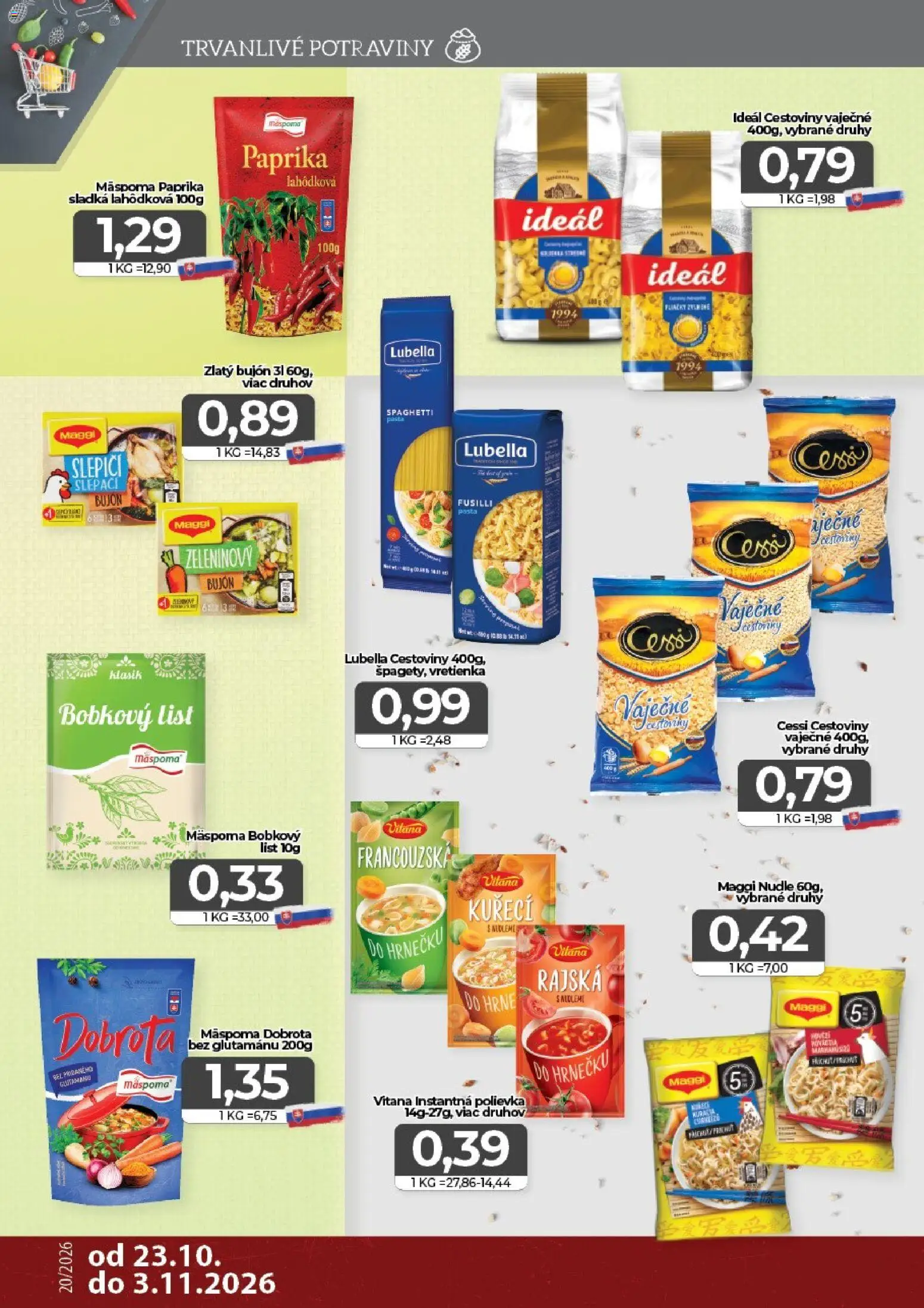 Náhľad CBA Komfos letáku platného od 23.10.2026 - Paprika, Cestoviny, Fusilli, Bujón