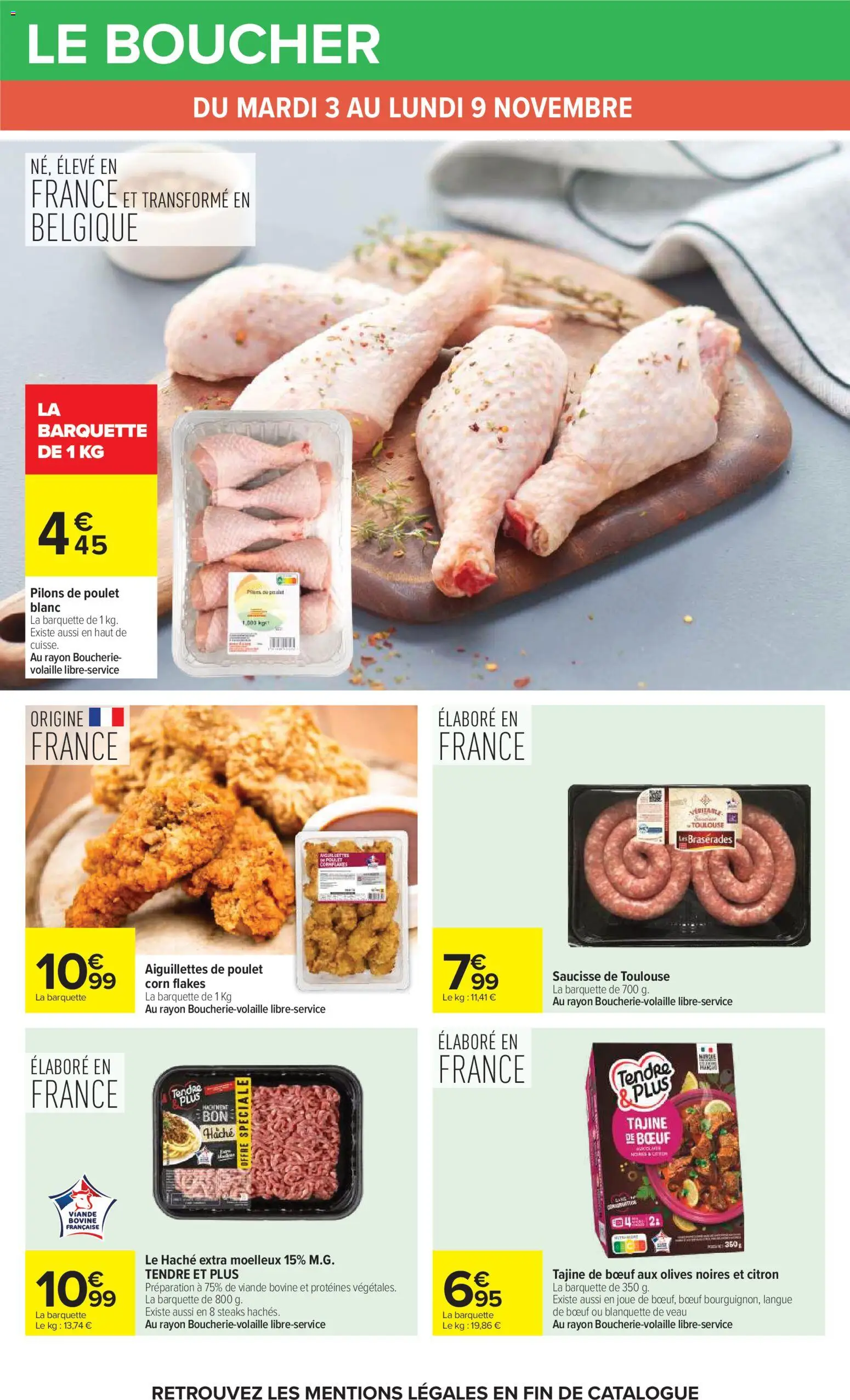 Prévisualisation de Carrefour Petit déjeuner du magasin Carrefour formulaire valide 03/11/2026 - Blanquette de veau, Tajine, Citron, Aiguillettes de poulet, Saucisse, Saucisse de Toulouse, Volaille, Pilons