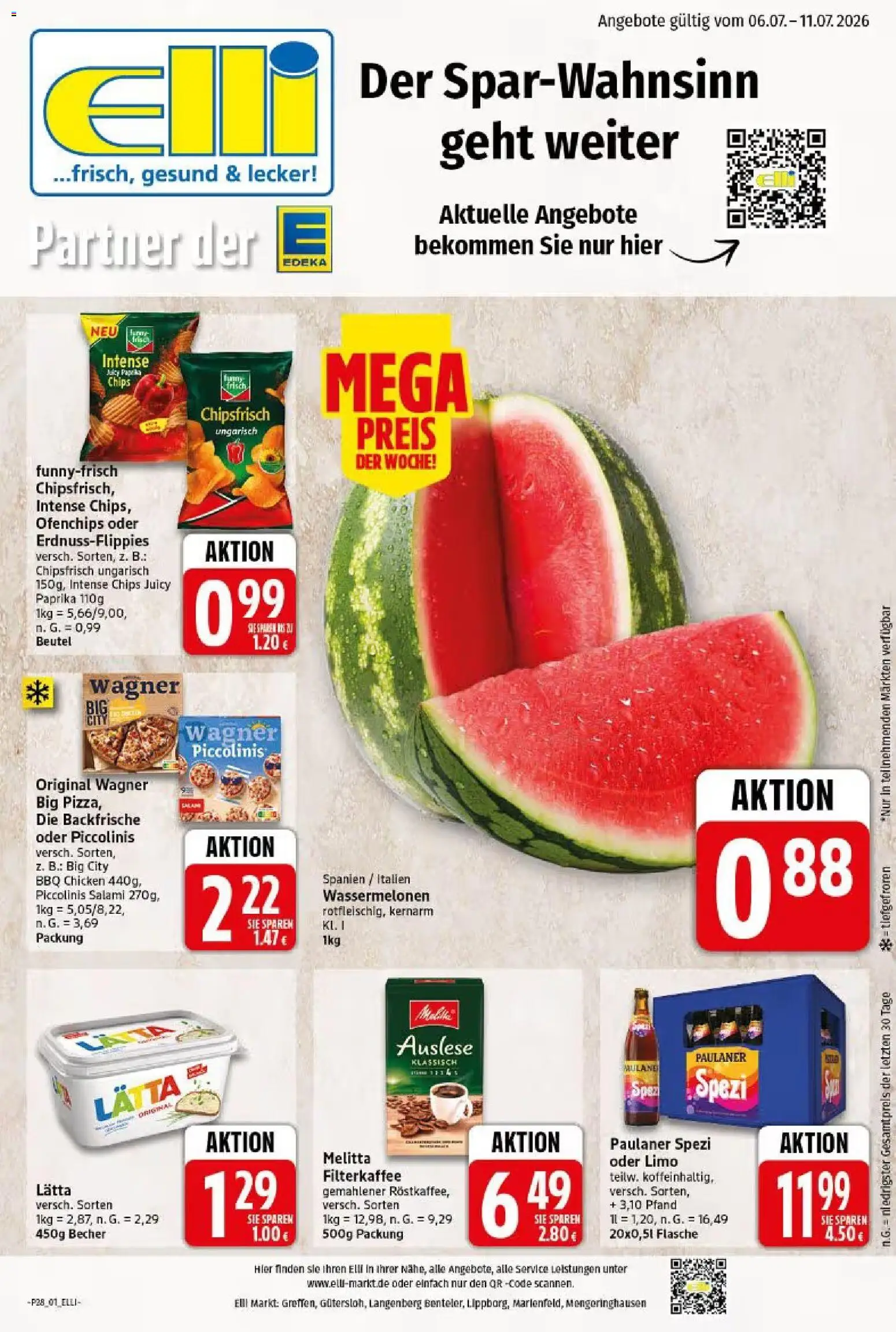 Vorschau von dem Prospekt des Geschäftes Elli Markt, gültig ab dem 06.07.2026 - Chips, Paulaner spezi, Paprika, Paulaner, Piccolinis, Salami, Melitta, Lätta