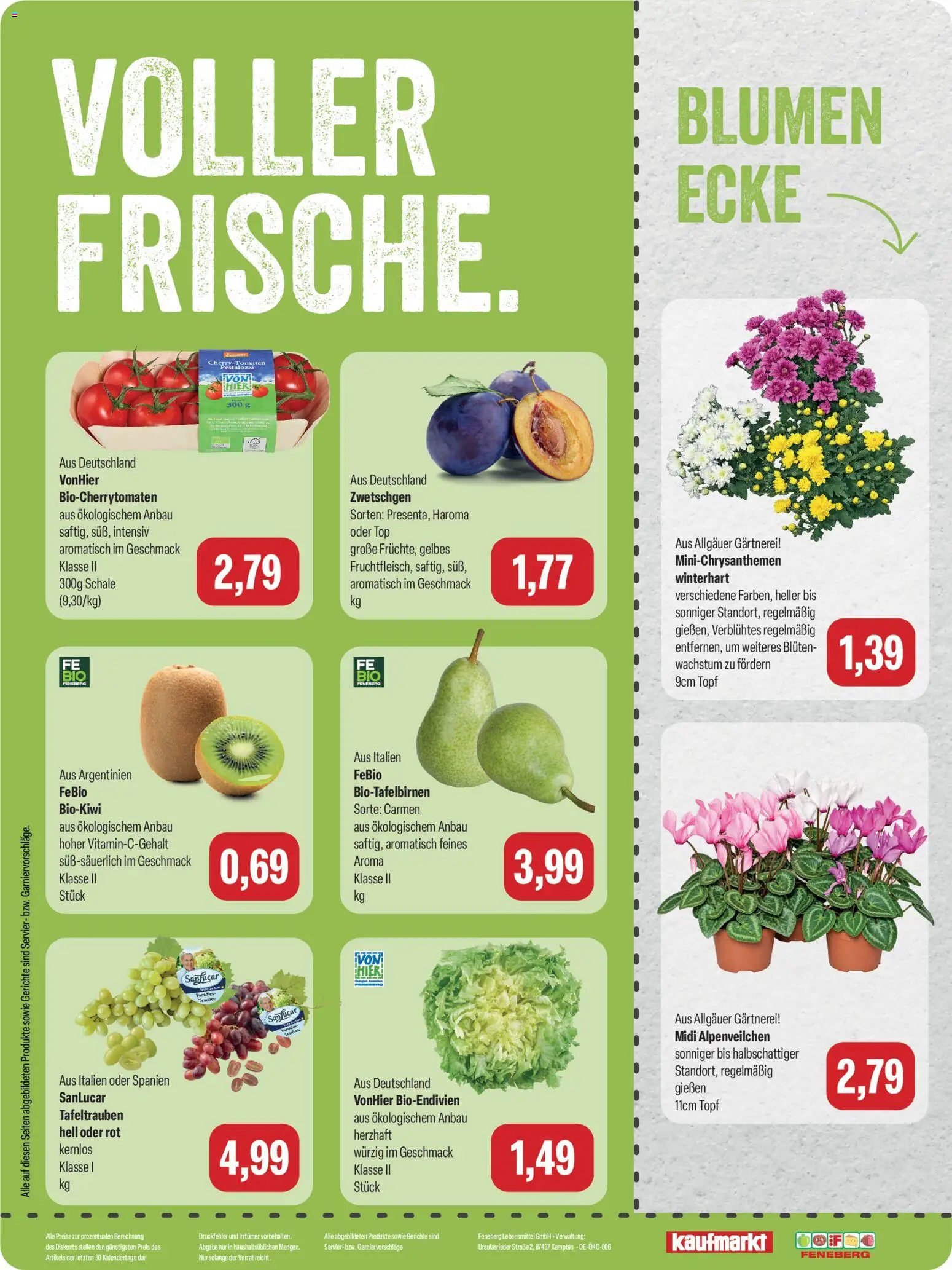 Vorschau von dem Prospekt des Geschäftes Feneberg, gültig ab dem 10.09.2026 - Blumen, Gerichte, Top, Trauben, Tomaten, Zwetschgen