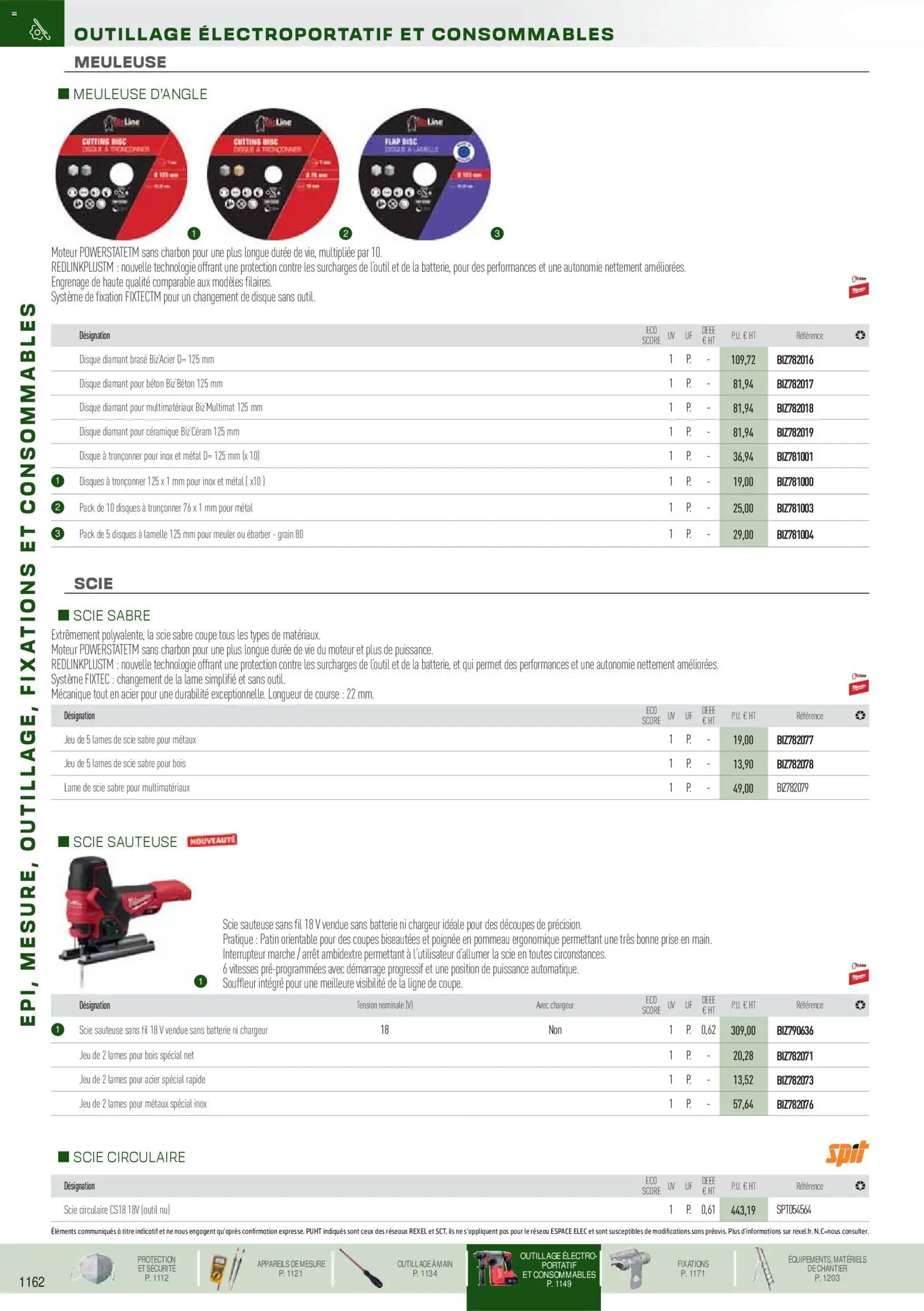 Prévisualisation de Brochure EPI, mesure, outillage, fixations et consommables du magasin Rexel formulaire valide 18/11/2025 - Scie circulaire, Interrupteur, Scie sauteuse, Meuleuse, Souffleur, Prise, Disques a tronconner, Meuleuse d'angle