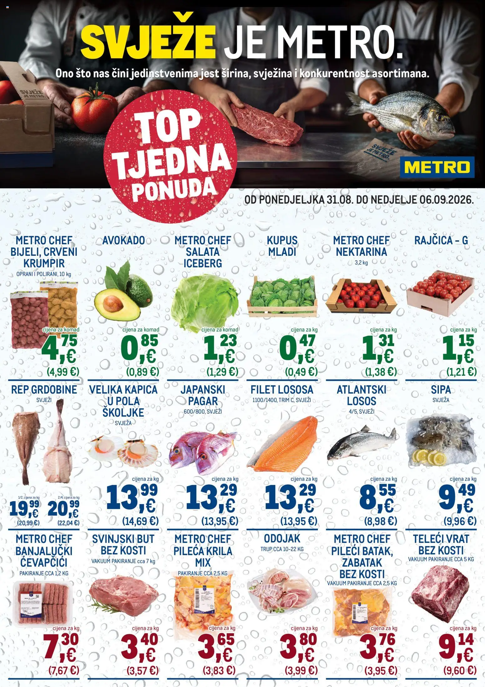 Pregled letka Metro Top tjedna ponuda trgovine Metro vrijedi od 31.08.2026 - Salata, Avokado, Losos, Rajčica, Krumpir, Vrat, Filet lososa, Pileća krila