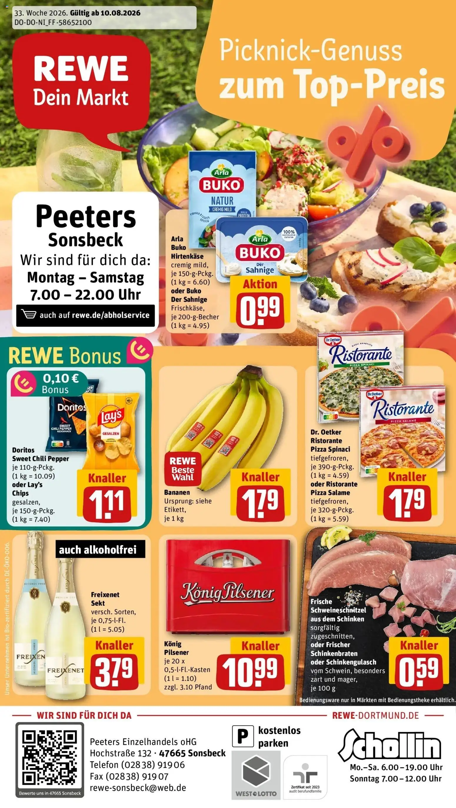 Vorschau von dem Prospekt des Geschäftes Rewe, gültig ab dem 10.08.2026 - Pizza, Chips, Uhr, Bananen, Ristorante, Chili, Sekt, Arla buko