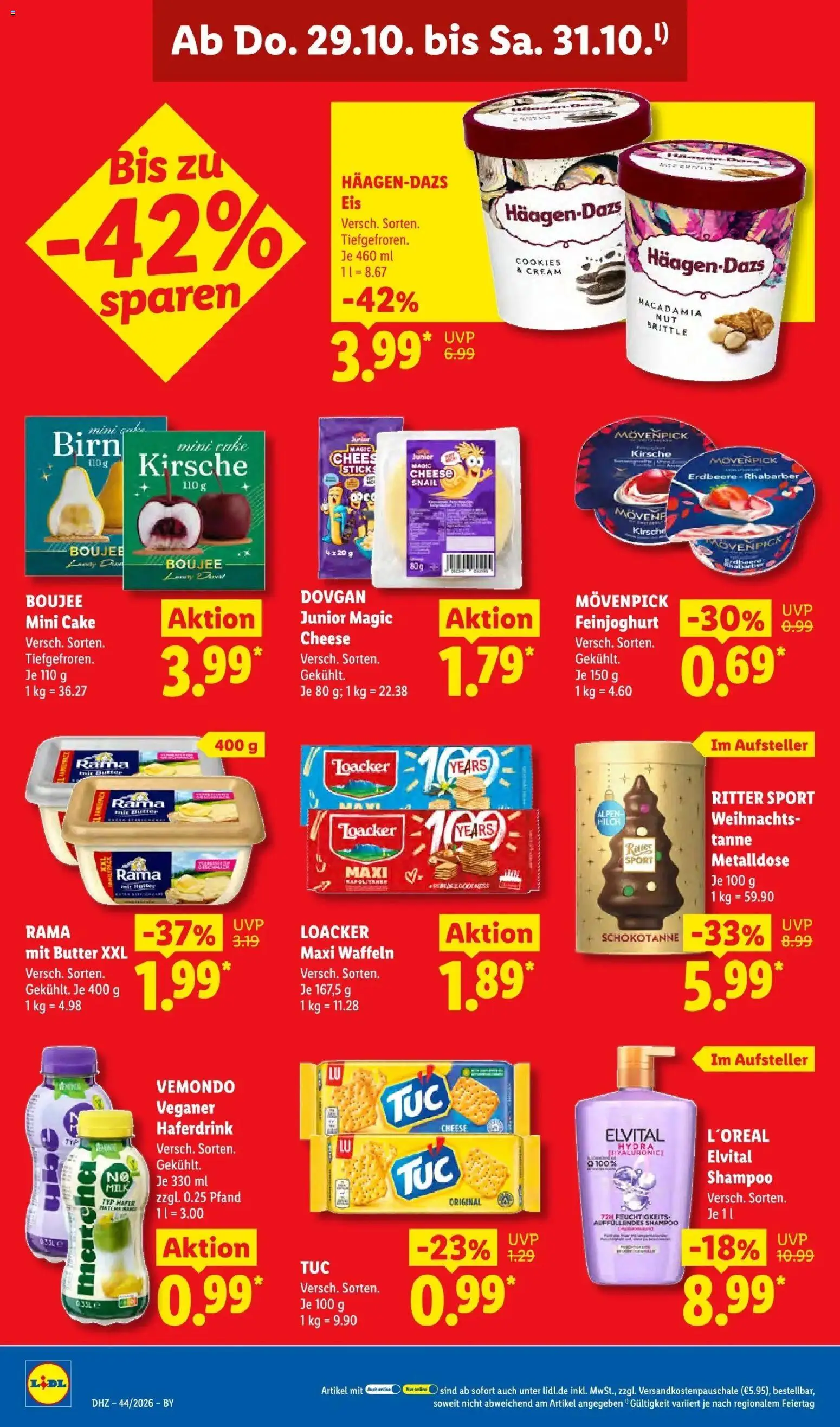 Vorschau von dem Prospekt des Geschäftes Lidl, gültig ab dem 26.10.2026 - Eis, Butter, Waffeln, Milch, Ritter sport, Shampoo, Rama, Haferdrink