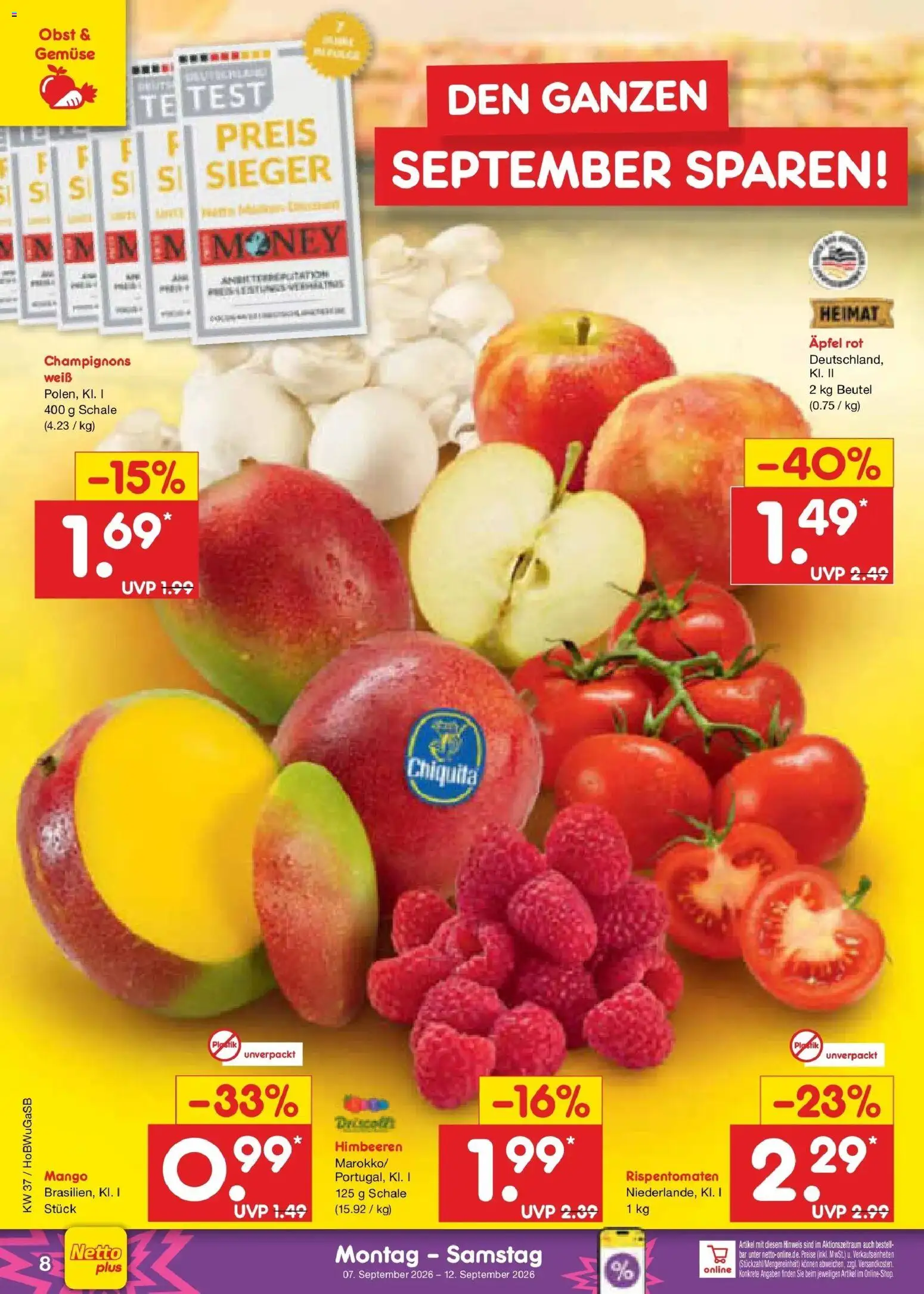 Vorschau von dem Prospekt des Geschäftes Netto Marken-Discount, gültig ab dem 07.09.2026 - Mango, Äpfel, Gemüse, Himbeeren, Obst, Champignons