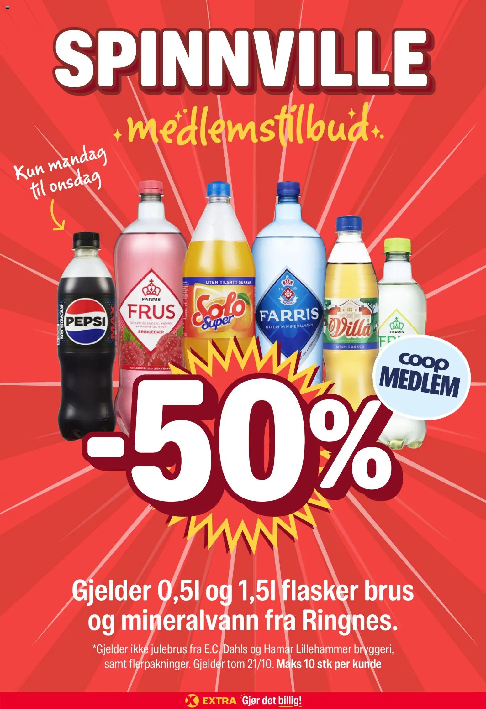 Forhåndsvis Coop Extra kundeavis fra butikk Coop Extra gyldig fra 19/10/2026 - Farris, Brus, Bringebær, Julebrus, Sukker, Pepsi, Mineralvann