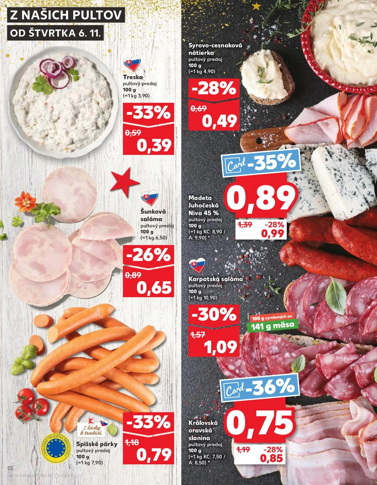 Náhľad Kaufland letáku platného od 06.11.2025 - Treska, Niva, Slanina, Párky, Nátierka, Saláma