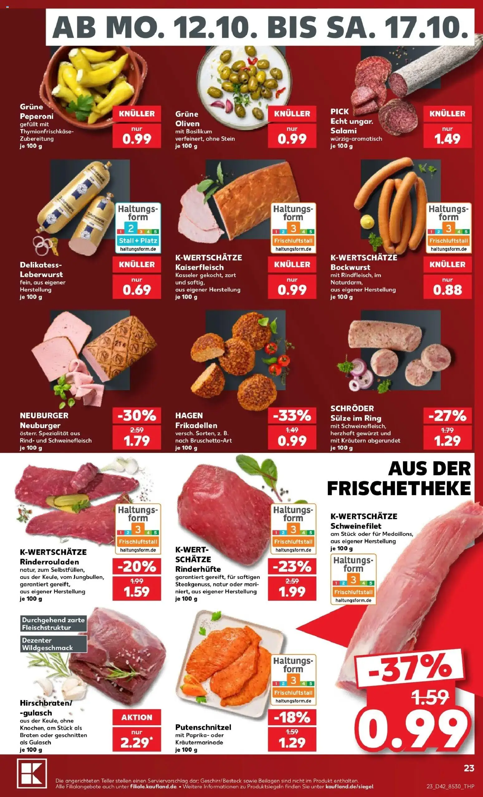 Vorschau von dem Prospekt des Geschäftes Kaufland, gültig ab dem 12.10.2026 - Rinderrouladen, Paprika, Schweinefilet, Salami, Bockwurst, Putenschnitzel, Schweinefleisch, Beilagen