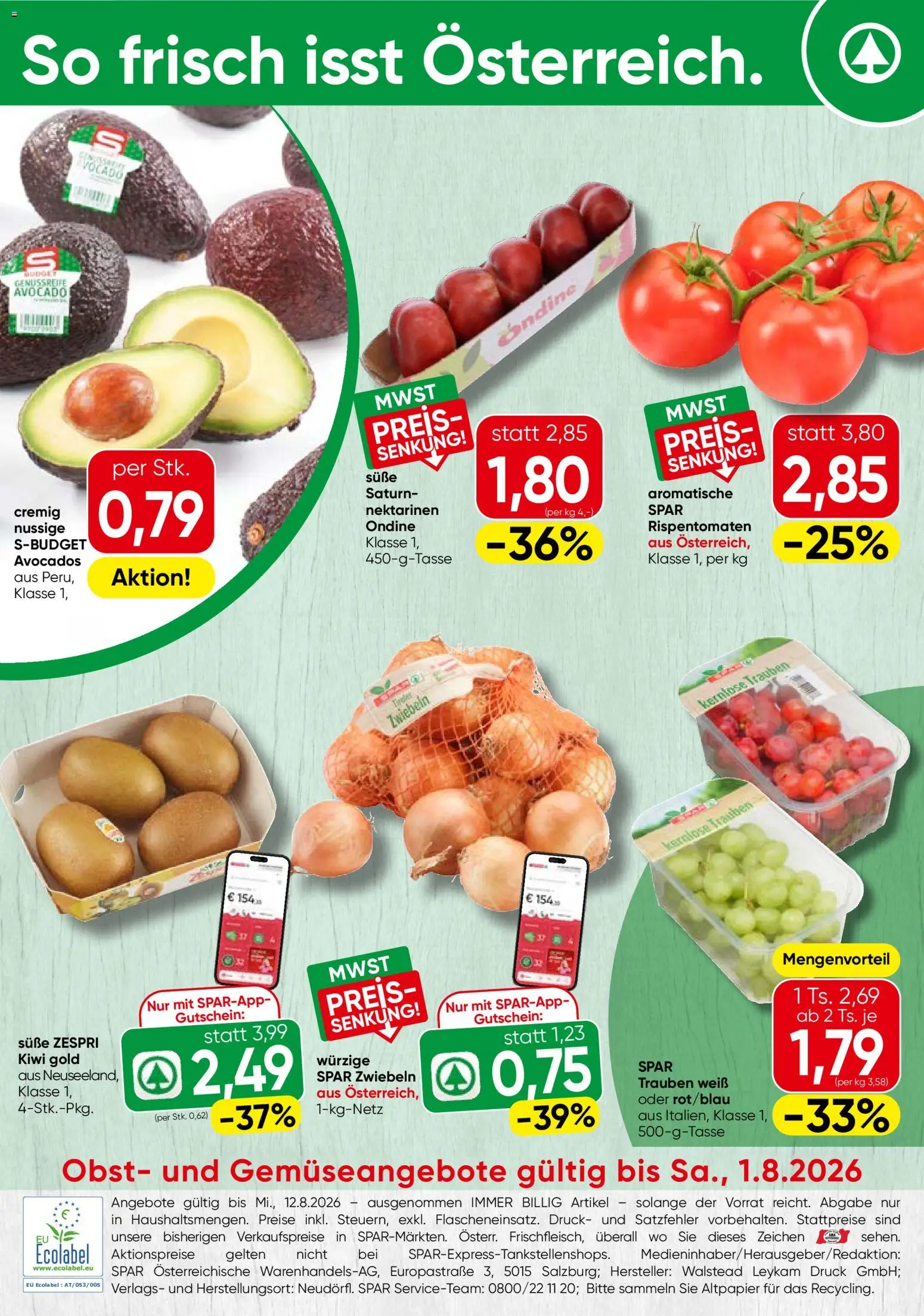 Vorschau der Angebote: Spar Spar Obst & Gemüse gültig ab 27.07.2026 - Kiwi, Avocado, Obst, Zwiebeln