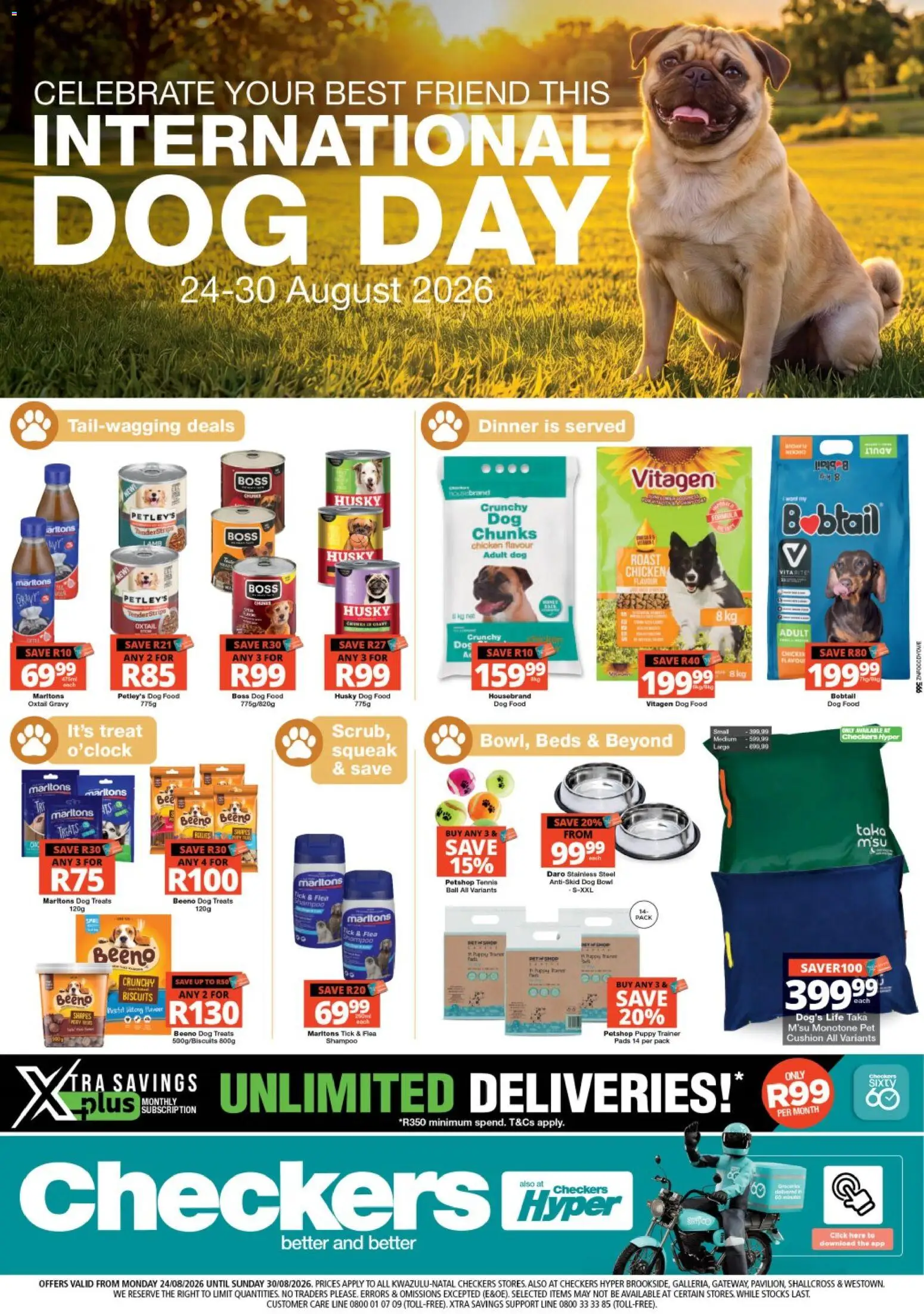 Preview of Checkers flyer valid from 24/08/2026 - Chicken, Scrub, Pads, Dog food, Cushion, Bowl, Beef, Gravy