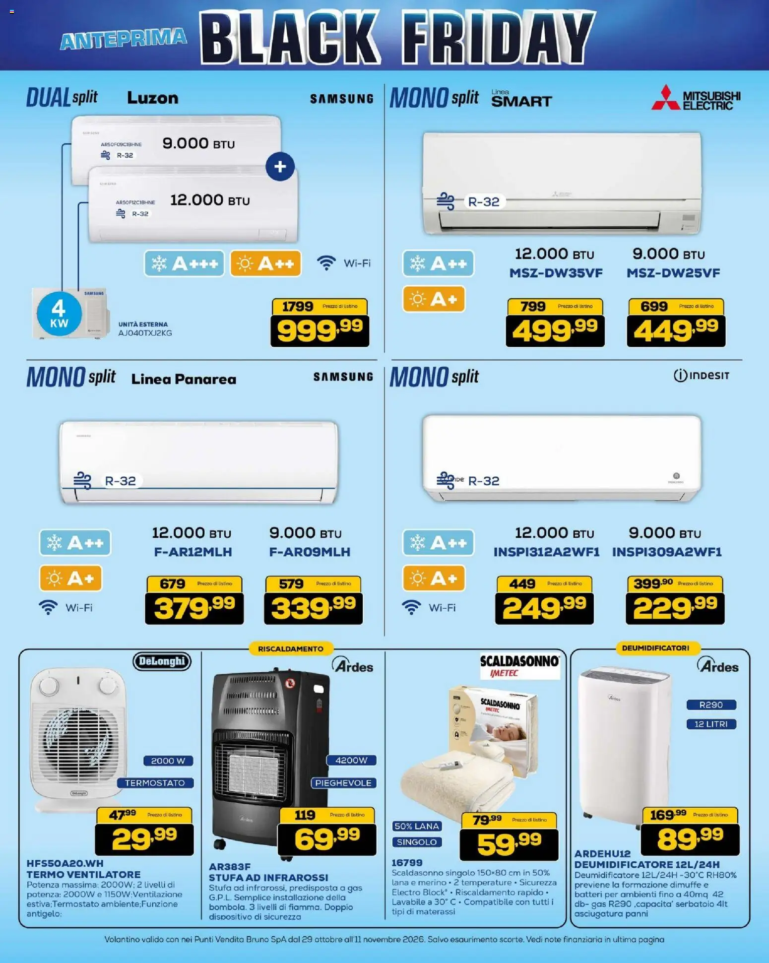 Anteprima dell'opuscolo BRUNO Black Friday dal negozio BRUNO valido da 29/10/2026 - Samsung, Deumidificatore, Ventilatore, Stufa, Panni