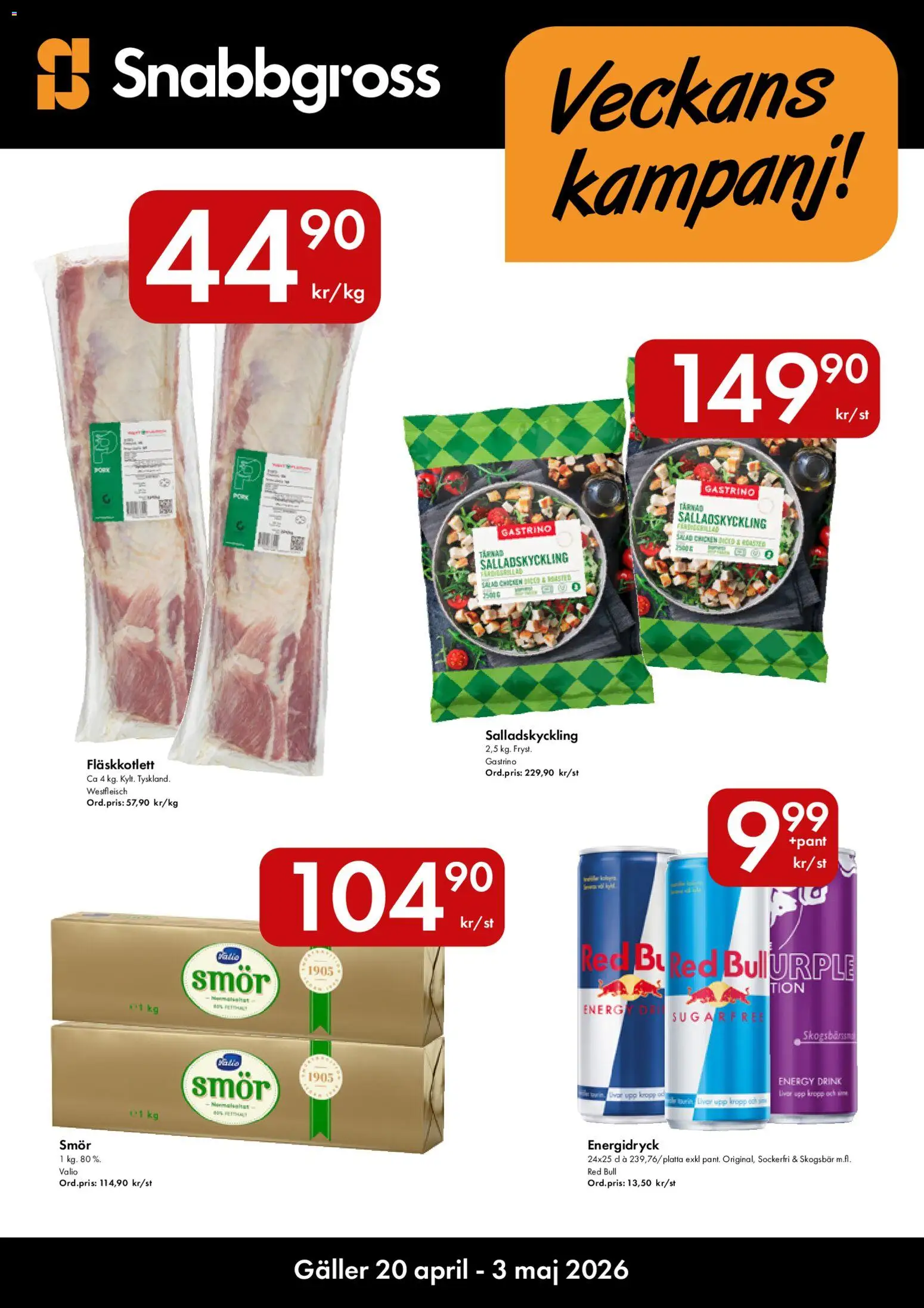 Förhandsgranska reklamblad Hypermarkety erbjudanden från butik Hypermarkety gäller från 20/04/2026 - Red bull, Smör, Energidryck, Fläskkotlett, Skogsbär
