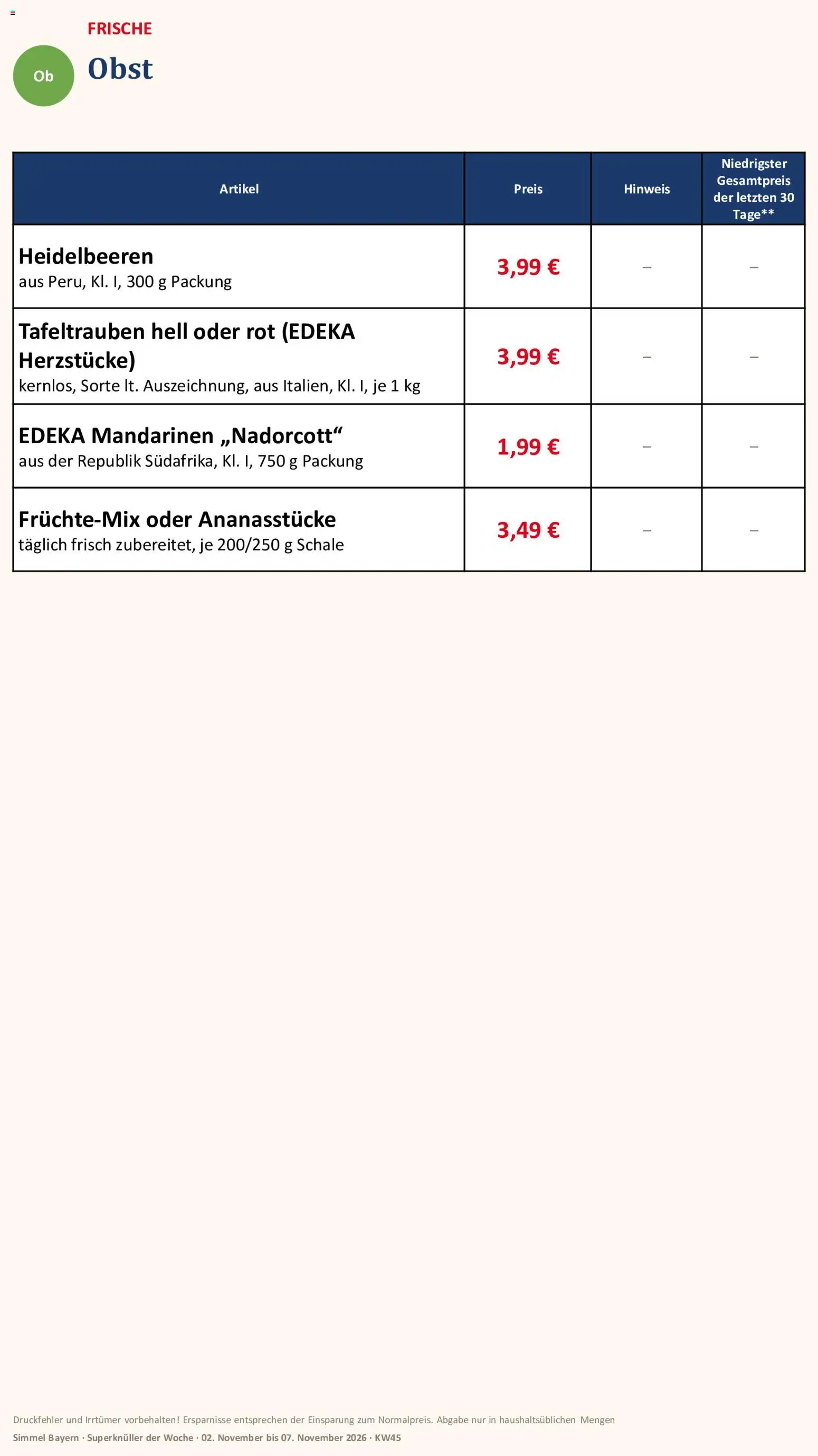 Vorschau von dem Prospekt des Geschäftes Simmel, gültig ab dem 02.11.2026 - Heidelbeeren, Obst, Mandarinen