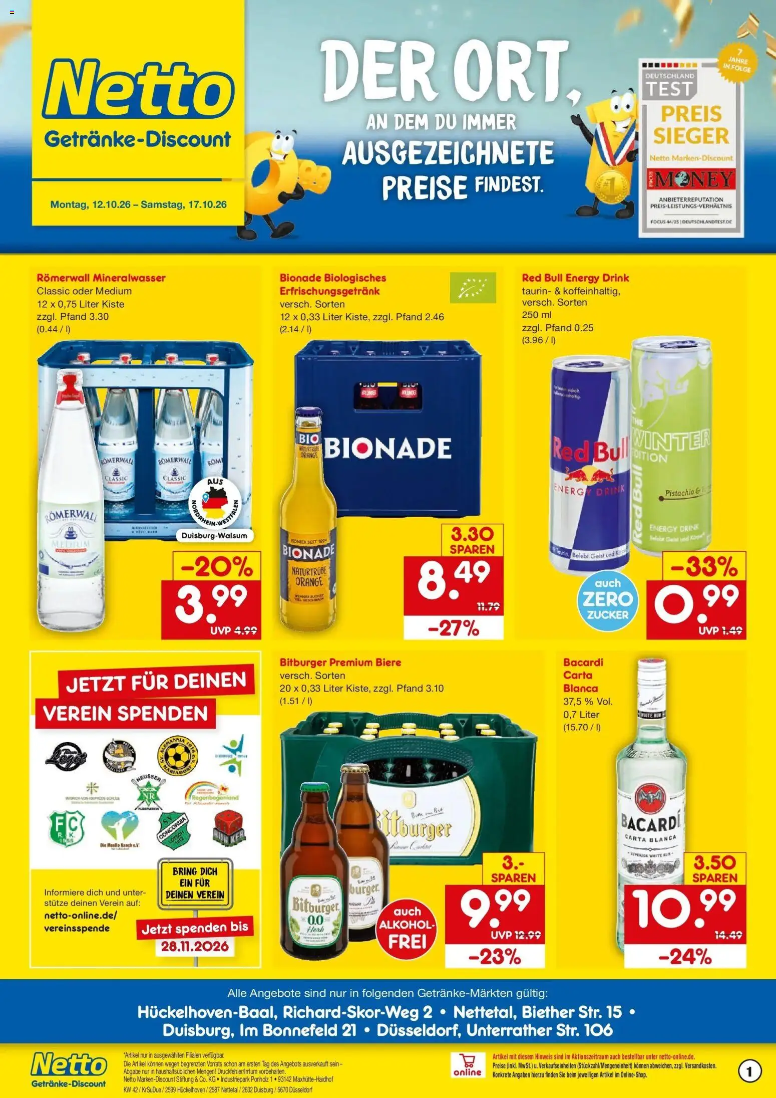 Vorschau von dem Prospekt des Geschäftes Netto Marken-Discount, gültig ab dem 12.10.2026 - Burger, Mineralwasser, Alkohol, Bacardi, Zucker, Energy, Bitburger, Bionade