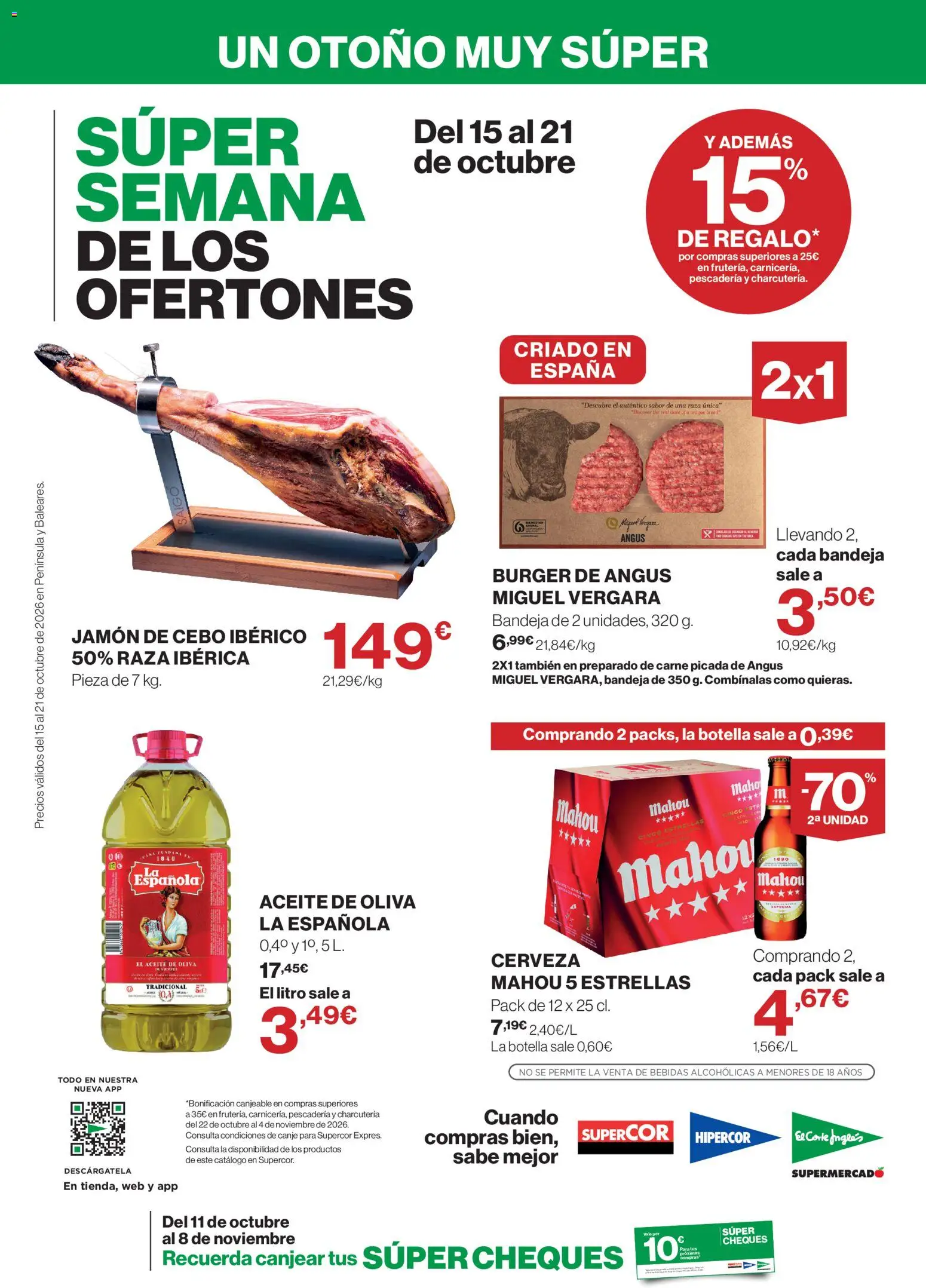 Vista previa del folleto de la tienda Hipercor válido desde el 15/10/2026 - Aceite de oliva, Jamón, Cerveza, Aceite, Carne, Bebidas, Bandeja, Carne picada