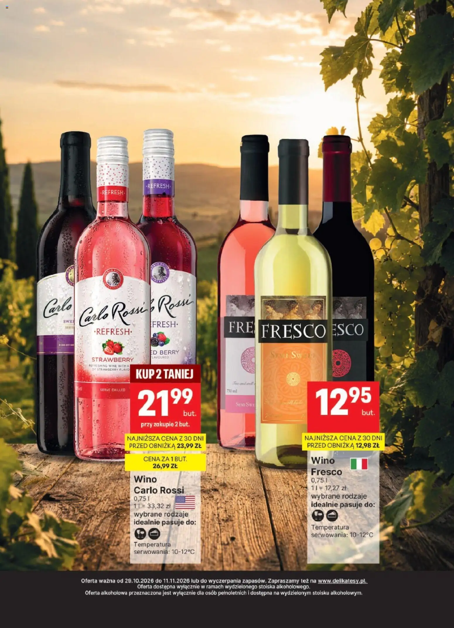 Pogląd gazetki "Delikatesy Centrum gazetka - DeliBarek" ze sklepu Delikatesy Centrum ważnej od 29.10.2026 - Wino, Carlo Rossi, Fresco, Wino fresco