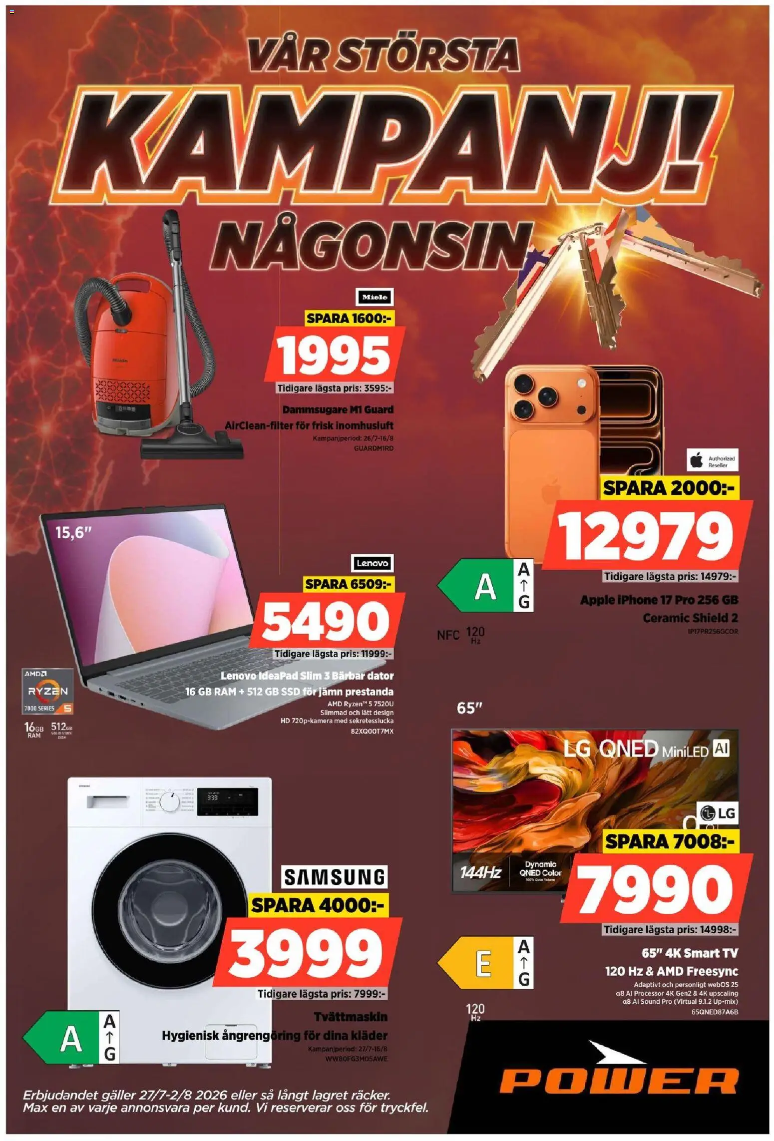 Förhandsgranska reklamblad Power erbjudanden från butik Power gäller från 27/02/2026 - Dammsugare, Kläder, Tvättmaskin, Dator, Smart tv, Äpple, Bärbar dator, Galler