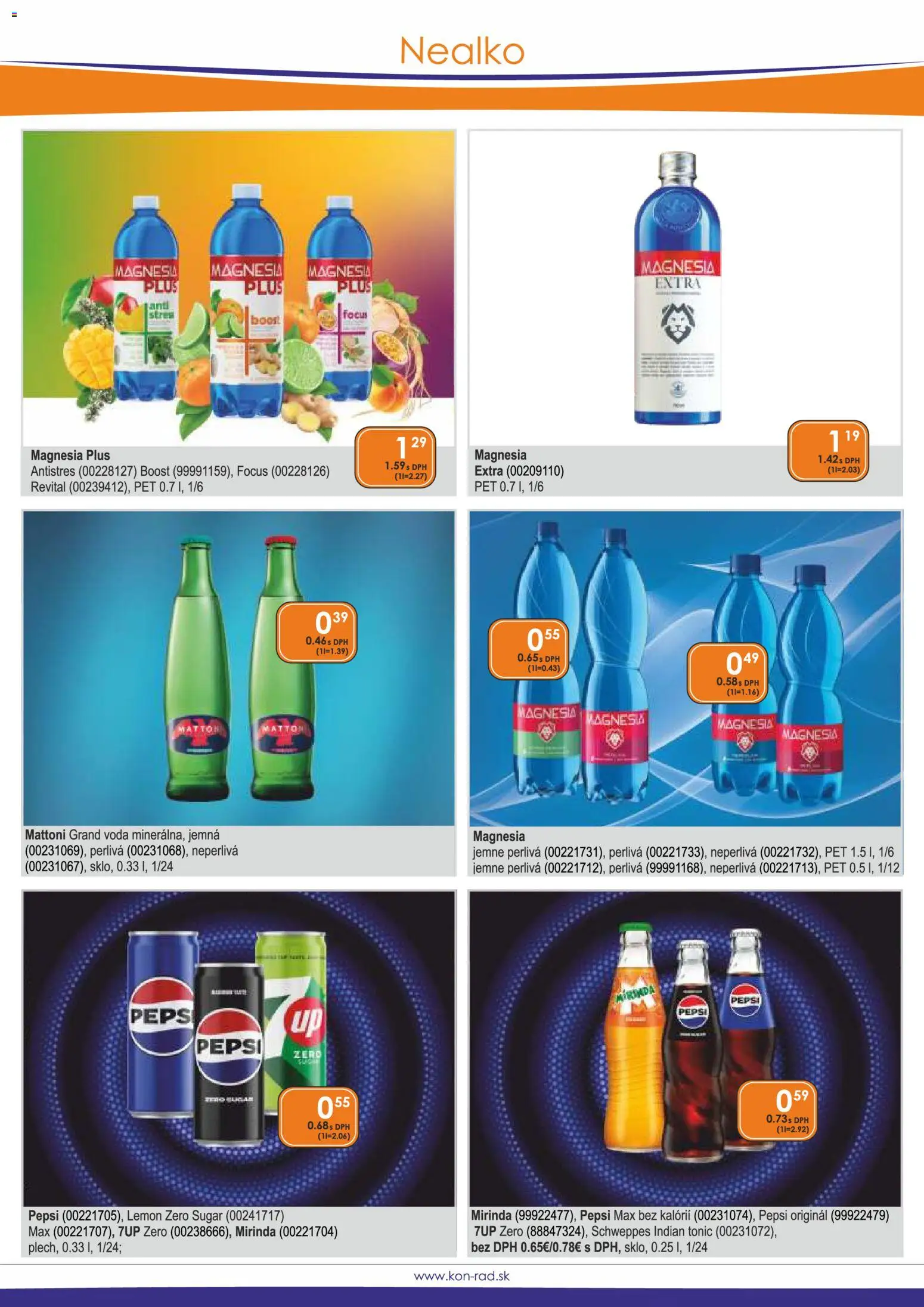 Náhľad KON - RAD letáku platného od 01.03.2026 - Voda, Pepsi, Tonic, Mattoni, Magnesia, Mirinda, Pepsi Max, Pepsi Zero