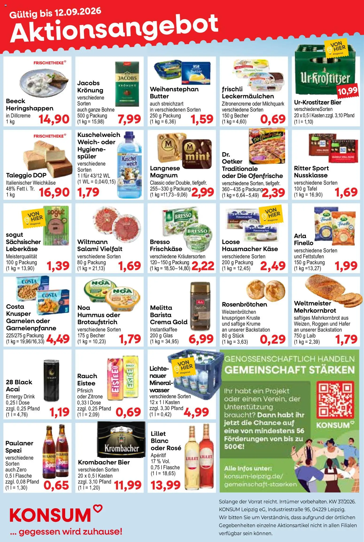 Vorschau von dem Prospekt des Geschäftes KONSUM Leipzig, gültig ab dem 07.09.2026 - Bier, Hummus, Pfirsich, Paulaner, Leberkase, Bresso, Kuschelweich, Ofenfrische