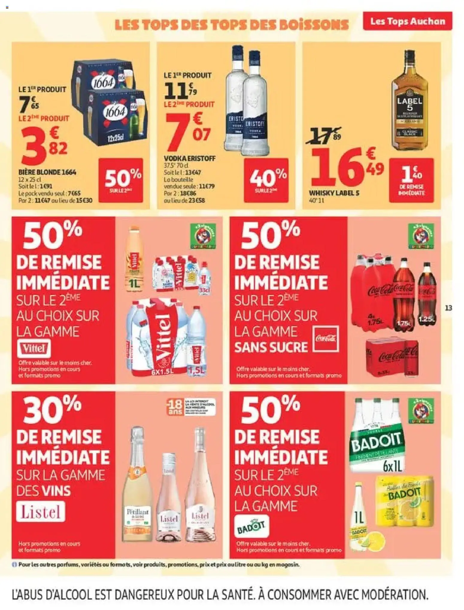 Prévisualisation de Auchan Tops rentrée supers du magasin Auchan formulaire valide 01/09/2026 - Vodka, Sucre, Vittel, Bouteille, Boissons, Whisky Label 5, Biere blonde 1664, La gamme Badoit