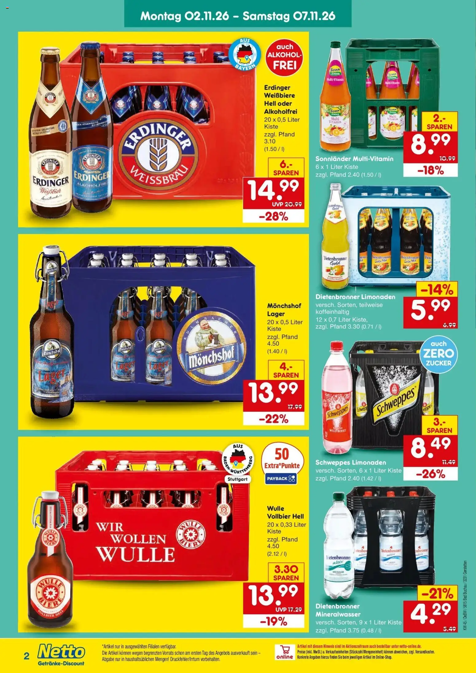 Vorschau von dem Prospekt des Geschäftes Netto Marken-Discount, gültig ab dem 02.11.2026 - Bad, Mineralwasser, Alkohol, Zucker, Schweppes, Erdinger, Weißbier, Monchshof