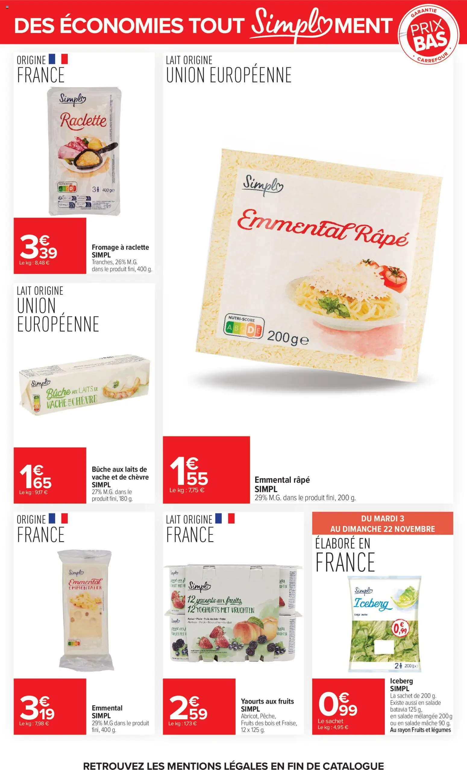 Prévisualisation de Carrefour Tout simplement du magasin Carrefour formulaire valide 03/11/2026 - Raclette, Salade, Short, Fraise, Lait, Emmental, Fromage à raclette, Fruits des bois