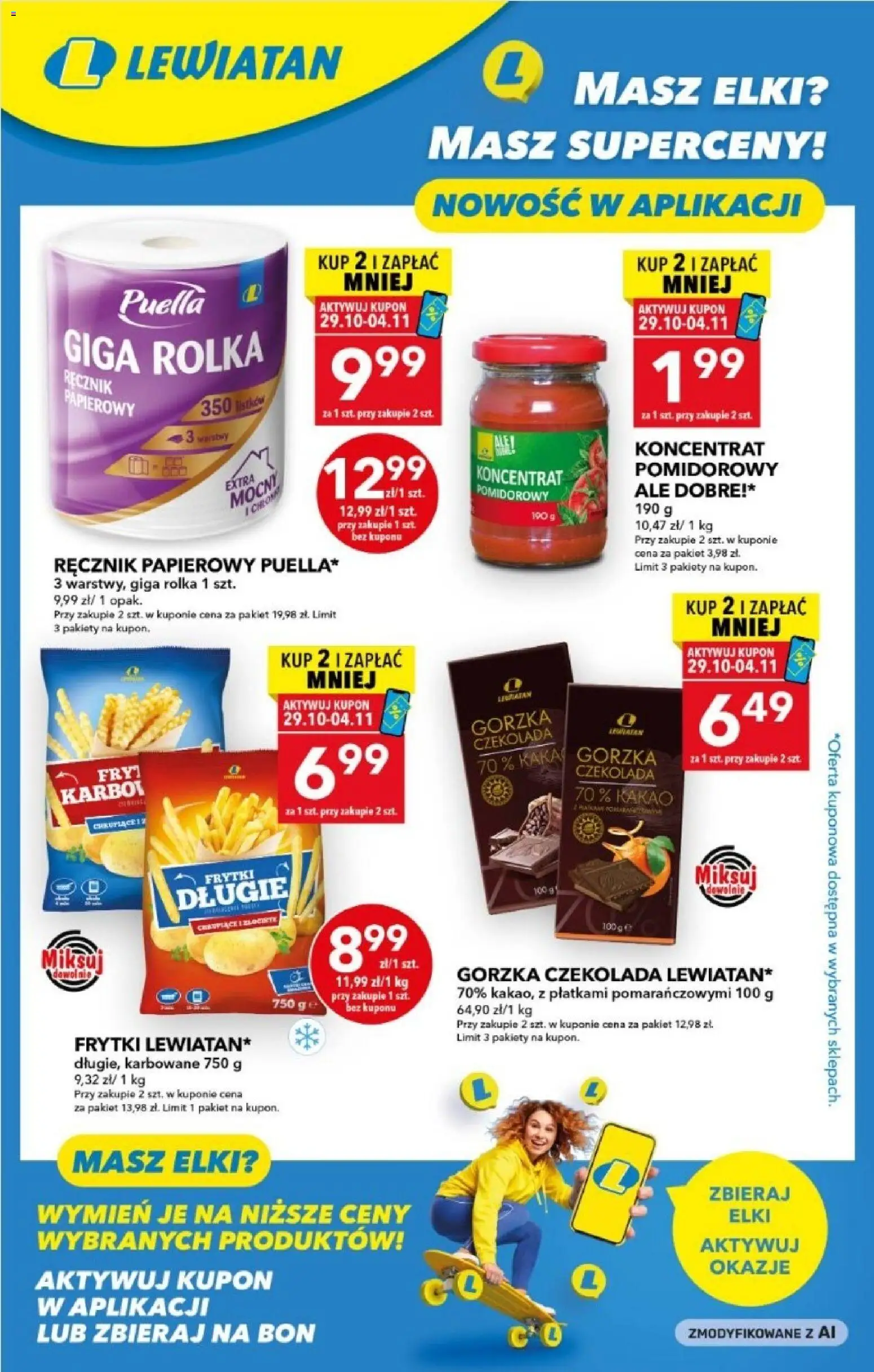 Pogląd gazetki "Lewiatan gazetka - Superceny" ze sklepu Lewiatan ważnej od 29.10.2026 - Czekolada, Frytki, Kakao, Koncentrat pomidorowy, Ręcznik papierowy, Czekolada gorzka