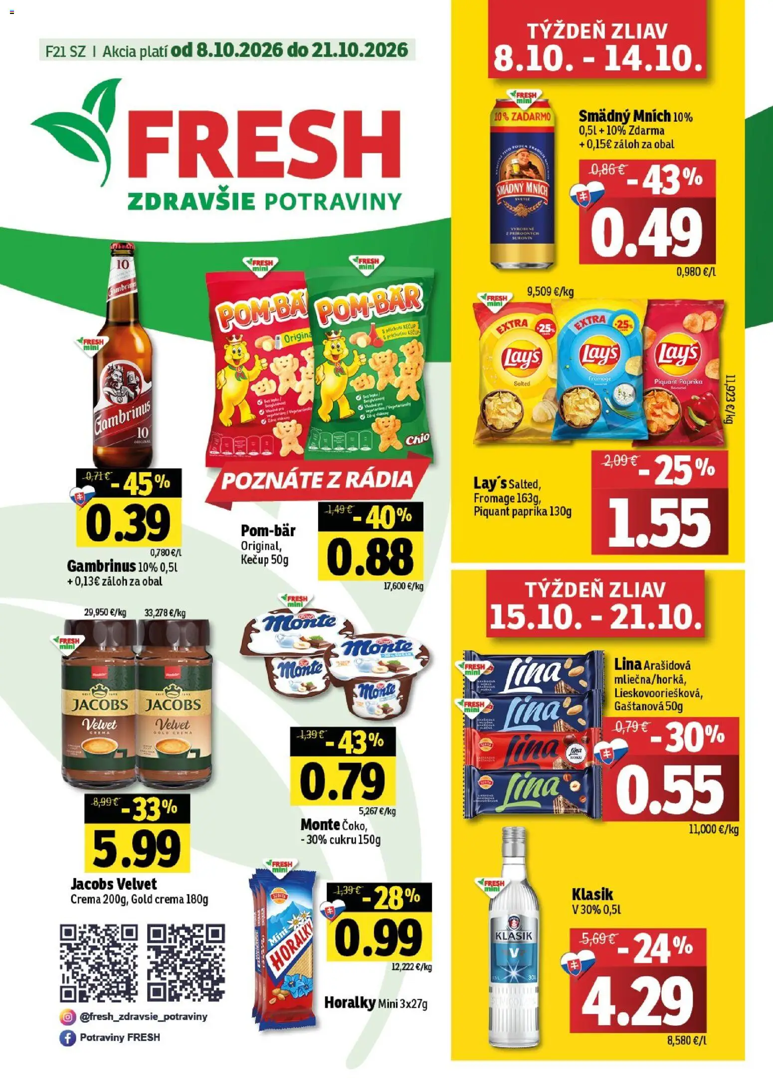 Náhľad Fresh letáku platného od 08.10.2026 - Paprika, Kečup, Jacobs Velvet, Gambrinus, Smädný Mních, Horálky