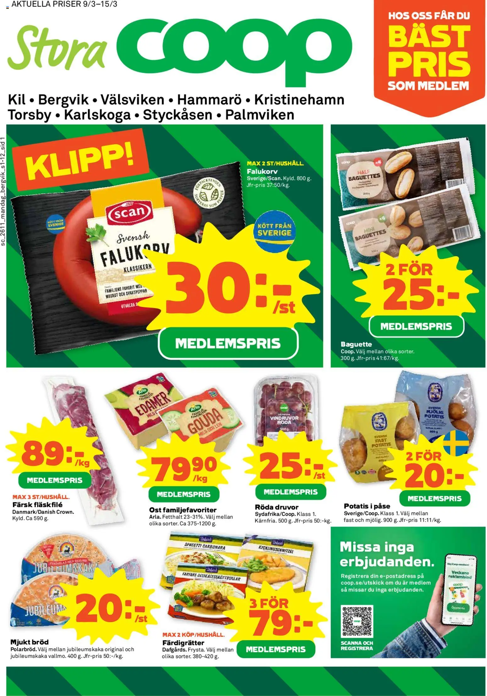Förhandsgranska reklamblad Stora Coop erbjudanden från butik Stora Coop gäller från 09/03/2026 - Ost, Bröd, Potatis, Kött, Baguette, Vindruvor, Gouda, Färdigrätter