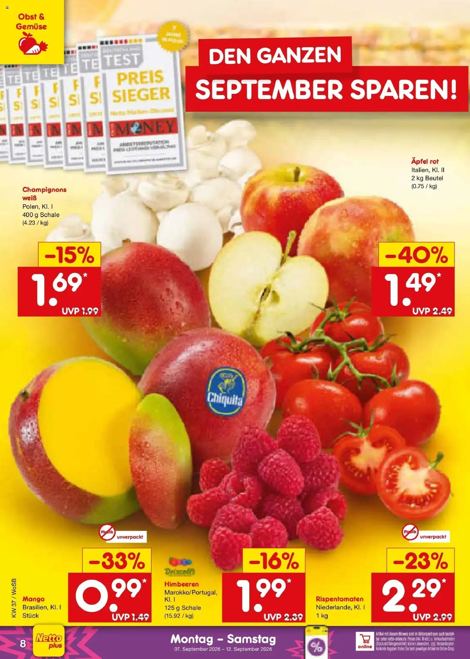 Vorschau von dem Prospekt des Geschäftes Netto Marken-Discount, gültig ab dem 07.09.2026 - Mango, Äpfel, Gemüse, Himbeeren, Obst, Champignons