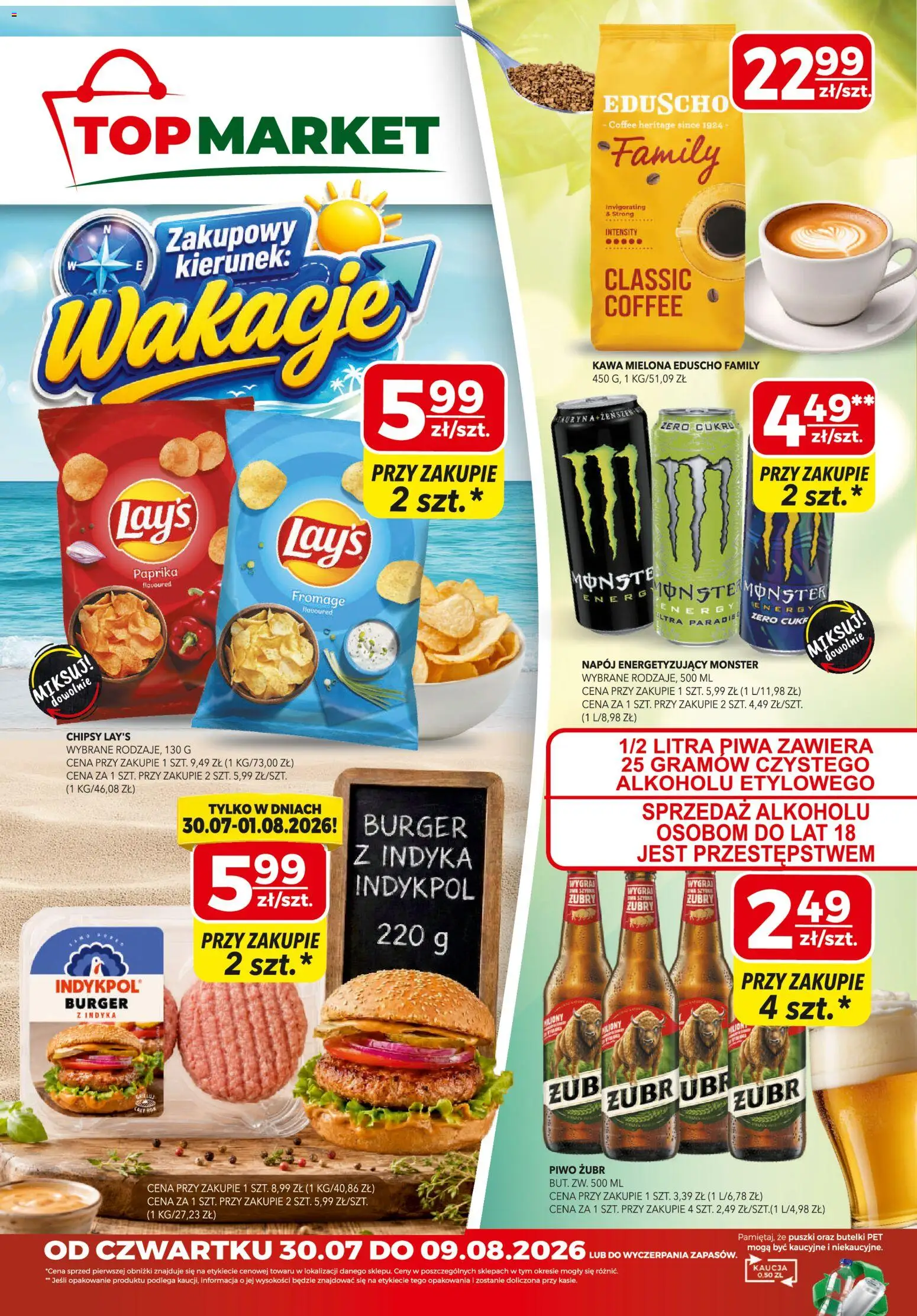Pogląd gazetki "Top Market gazetka" ze sklepu Top Market ważnej od 30.07.2026 - Burger, Kawa, Piwo, Top, Chipsy, Indyk, Kawa mielona, Piwo żubr