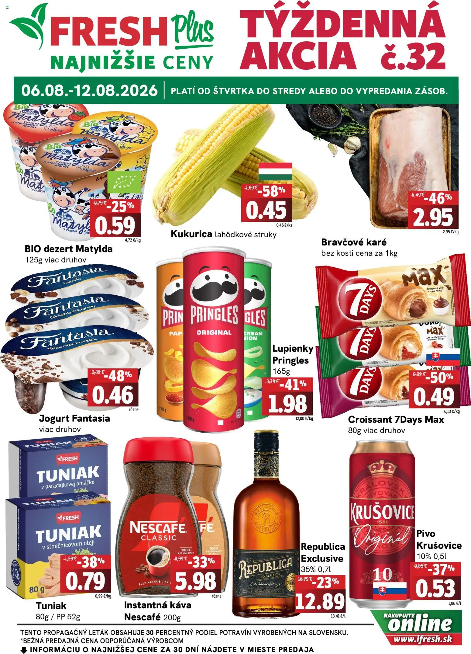 Náhľad Fresh letáku platného od 06.08.2026 - Bravčové karé, Croissant, Kukurica, Tuniak, Dezert, Jogurt, Krušovice, Instantná káva