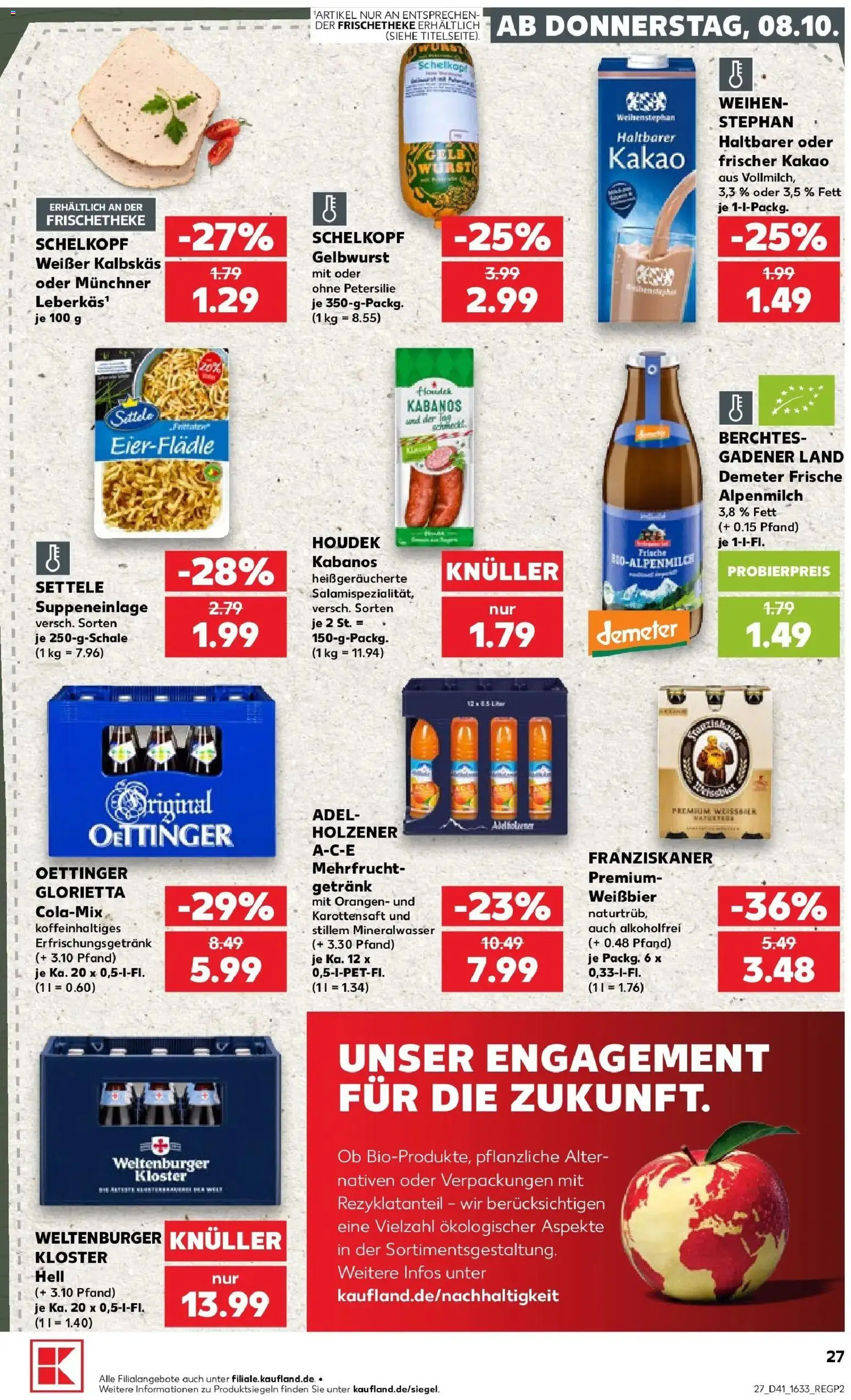 Vorschau von dem Prospekt des Geschäftes Kaufland, gültig ab dem 08.10.2026 - Wurst, Mineralwasser, Petersilie, Oettinger, Franziskaner, Weißbier, Orangen