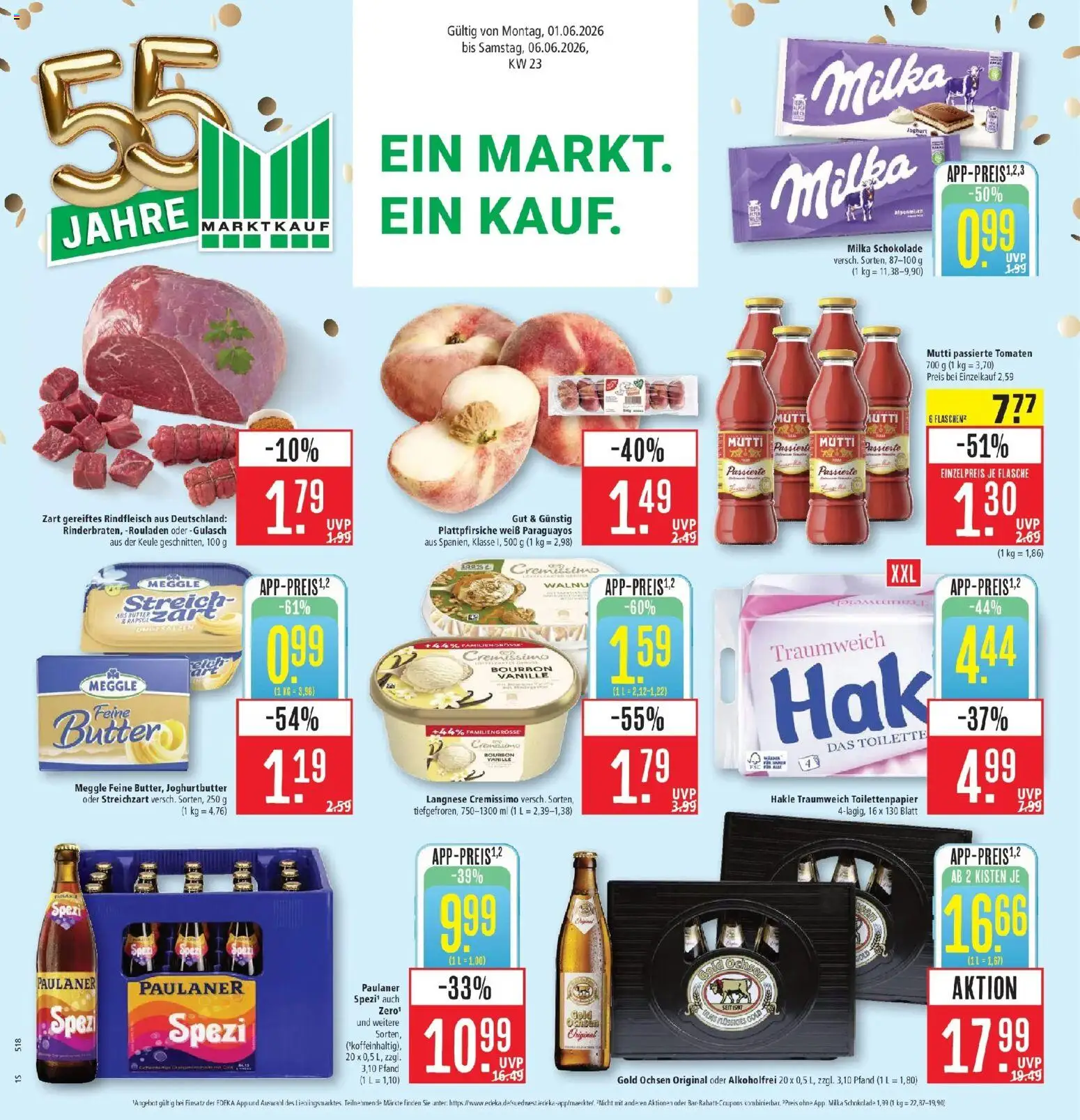 Vorschau von dem Prospekt des Geschäftes Marktkauf, gültig ab dem 01.06.2026 - Toilette, Butter, Gulasch, Milka schokolade, Tomaten, Vanille, Bourbon, Langnese