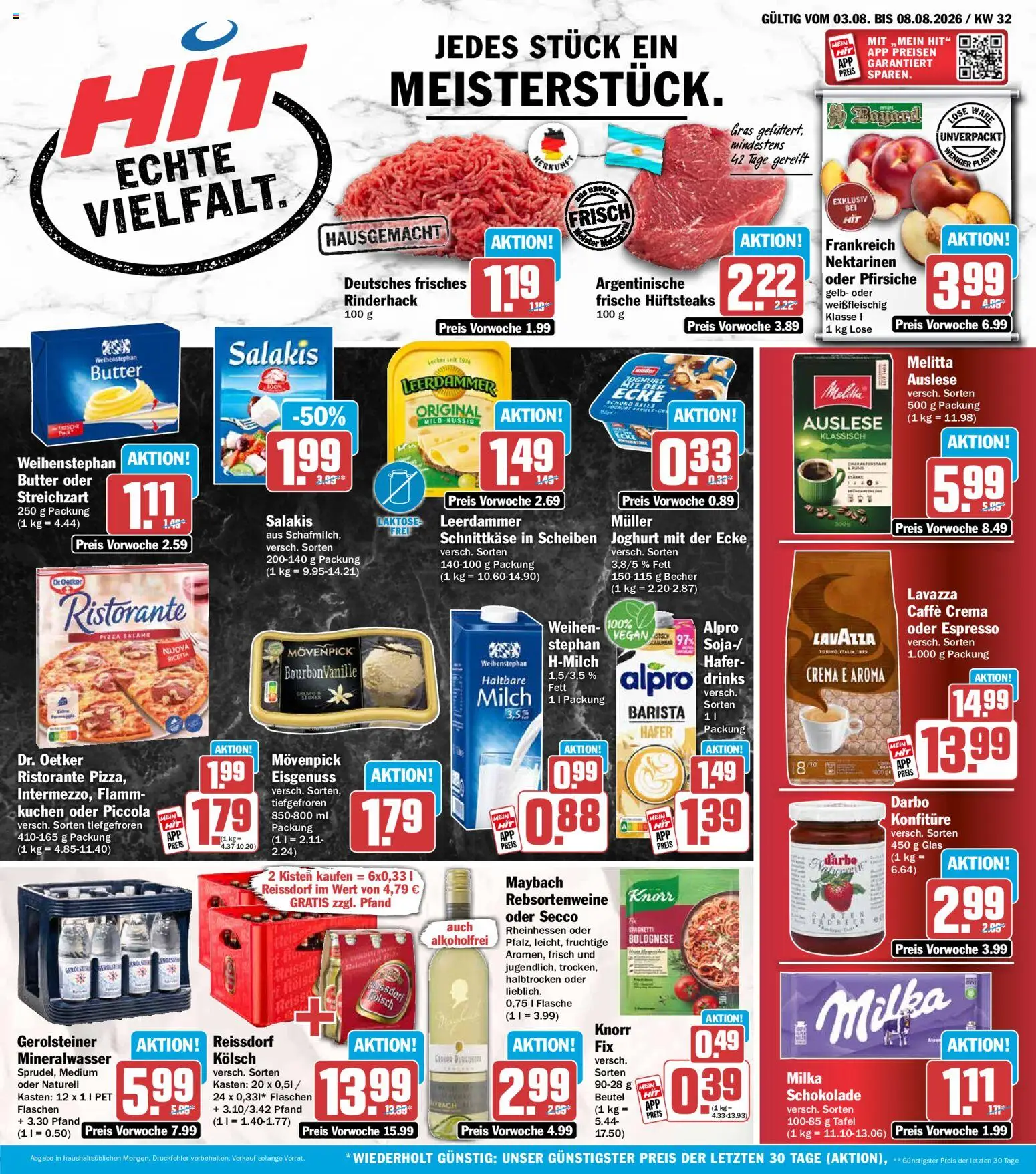Vorschau von dem Prospekt des Geschäftes HIT, gültig ab dem 03.08.2026 - Pizza, Joghurt, Mineralwasser, Milka, Melitta, Knorr, Leerdammer, Salakis