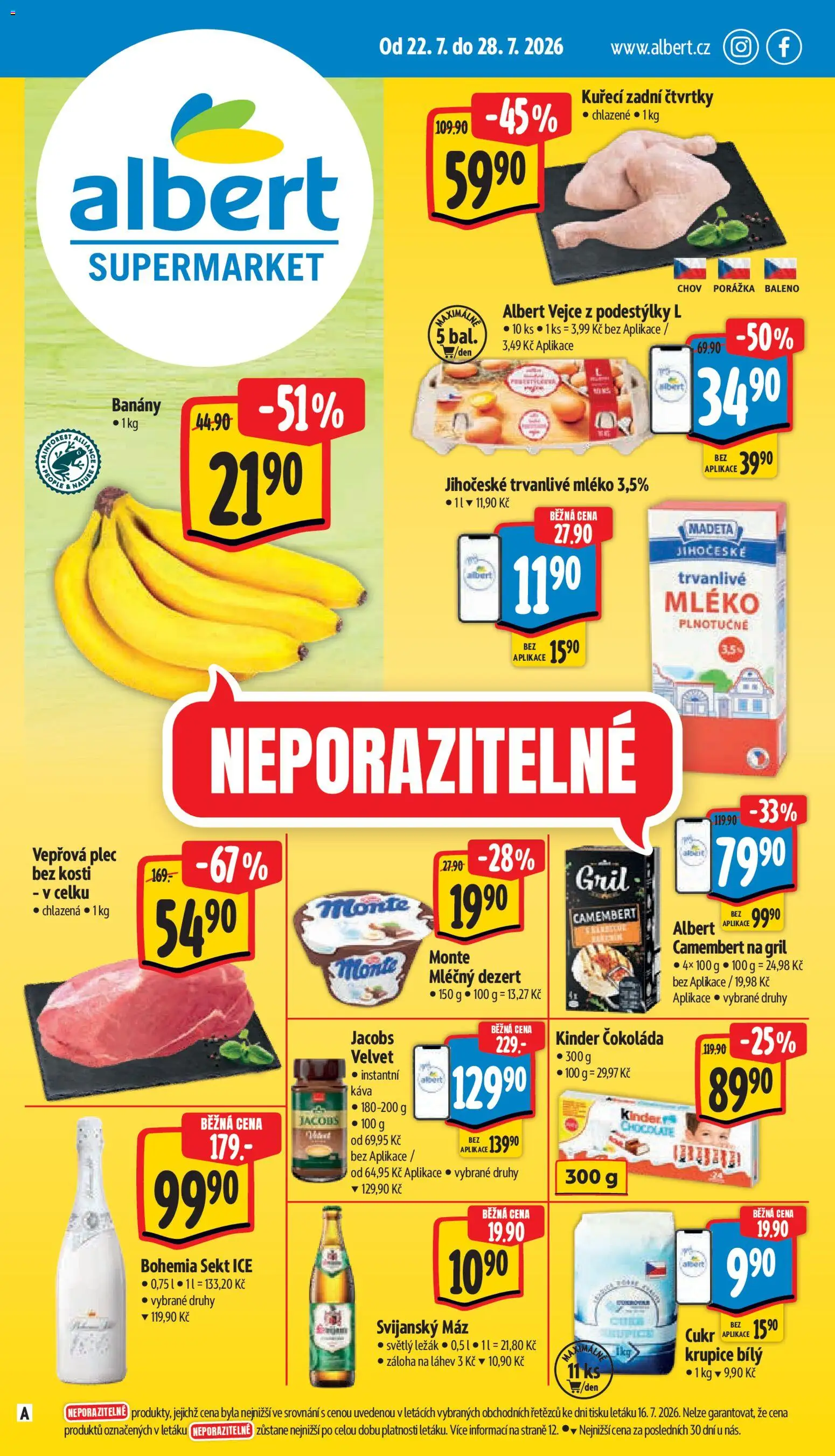 Náhled nabídky: Albert Albert leták - Supermarket platný od 22.07.2026 - Vejce, Mléko, Čokoláda, Bohemia sekt, Velvet, Instantní káva, Svijanský Máz, Plec bez kosti