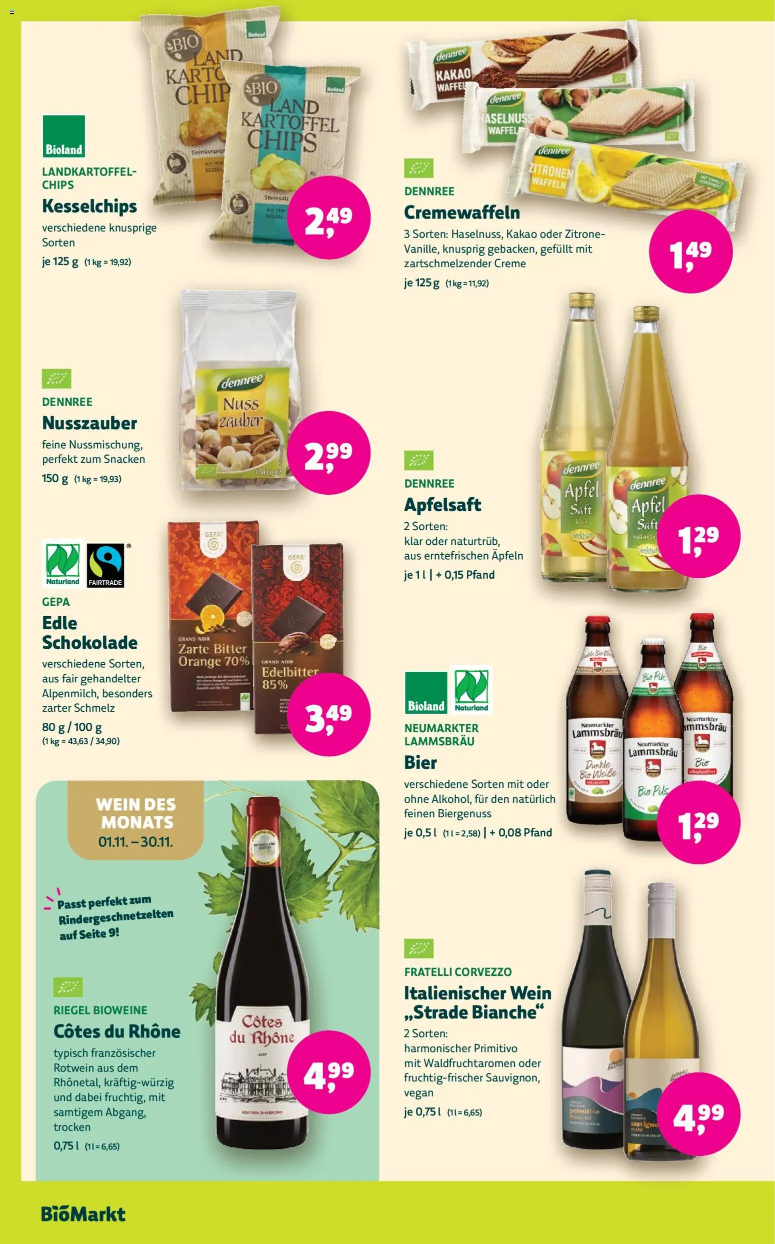 Vorschau von dem Prospekt des Geschäftes BioMarkt, gültig ab dem 04.11.2026 - Schokolade, Bier, Waffeln, Zitrone, Zitronen, Rotwein, Saft, Pils